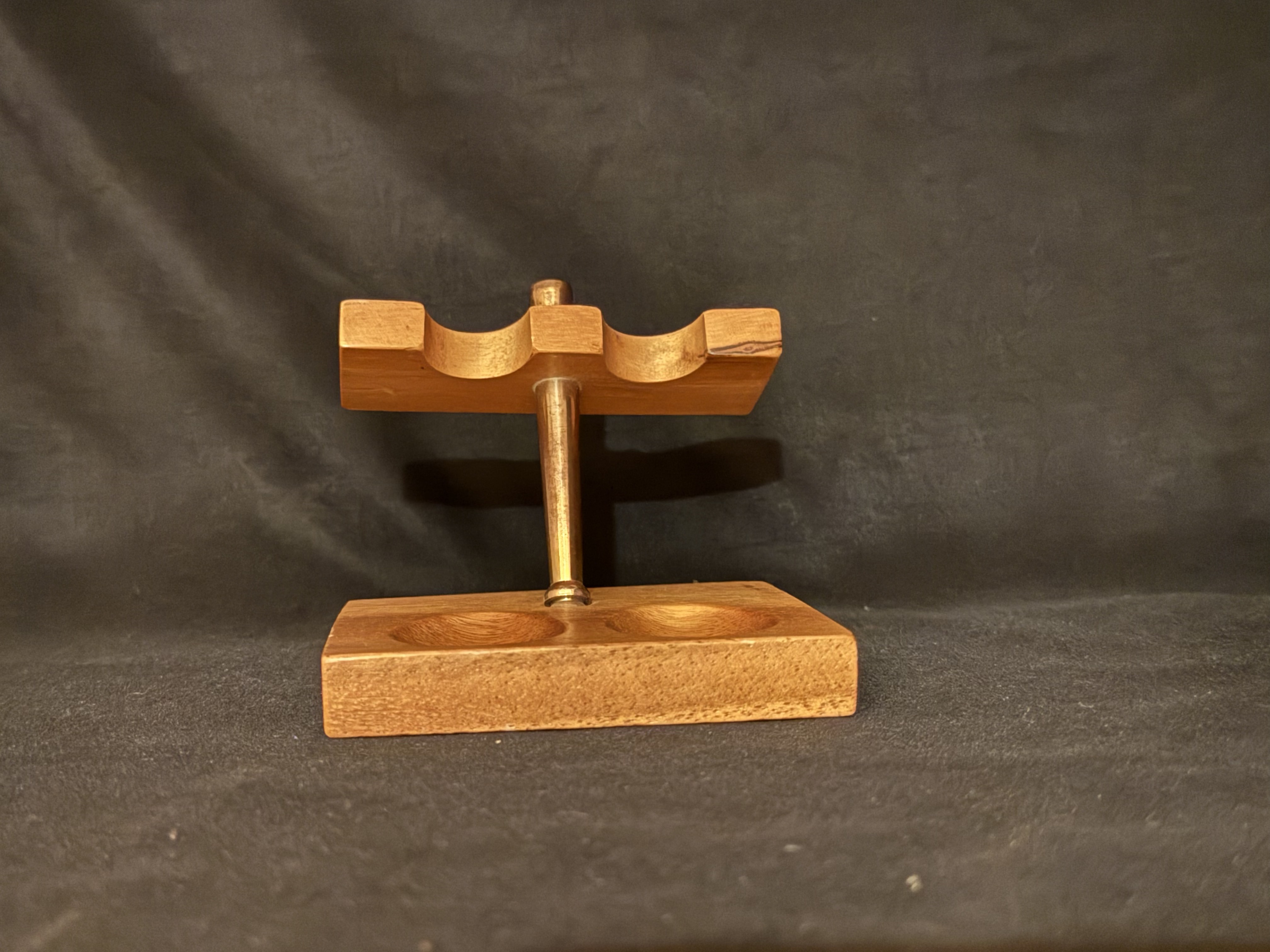 Wooden Pipe Stand for 2 Pipes, Gold-Tone Metal Post, Takes Apart 4