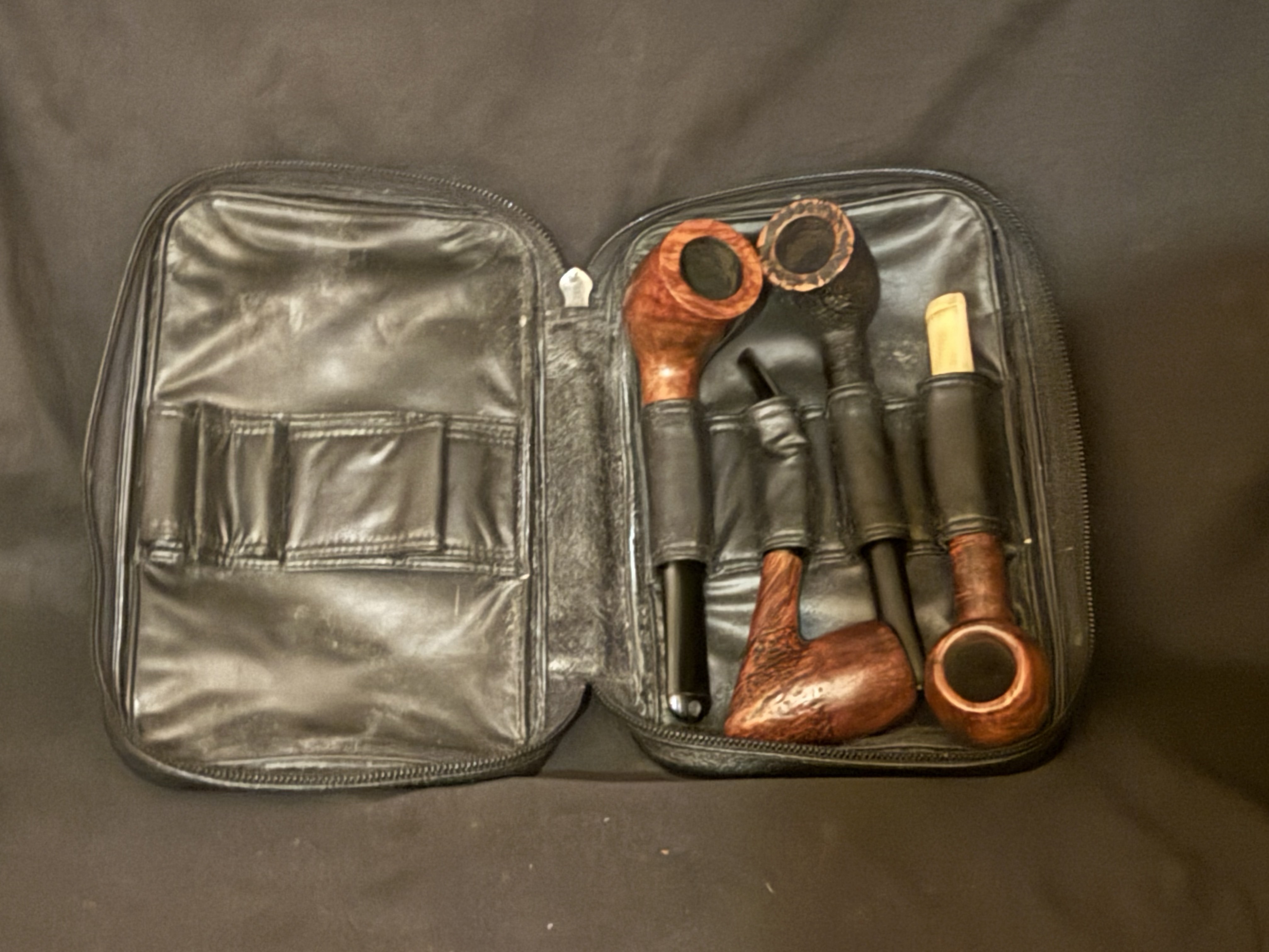 Black Textured Leather Pipe Bag for 4 Pipes, Zip Case, Tobacco Tin Slot