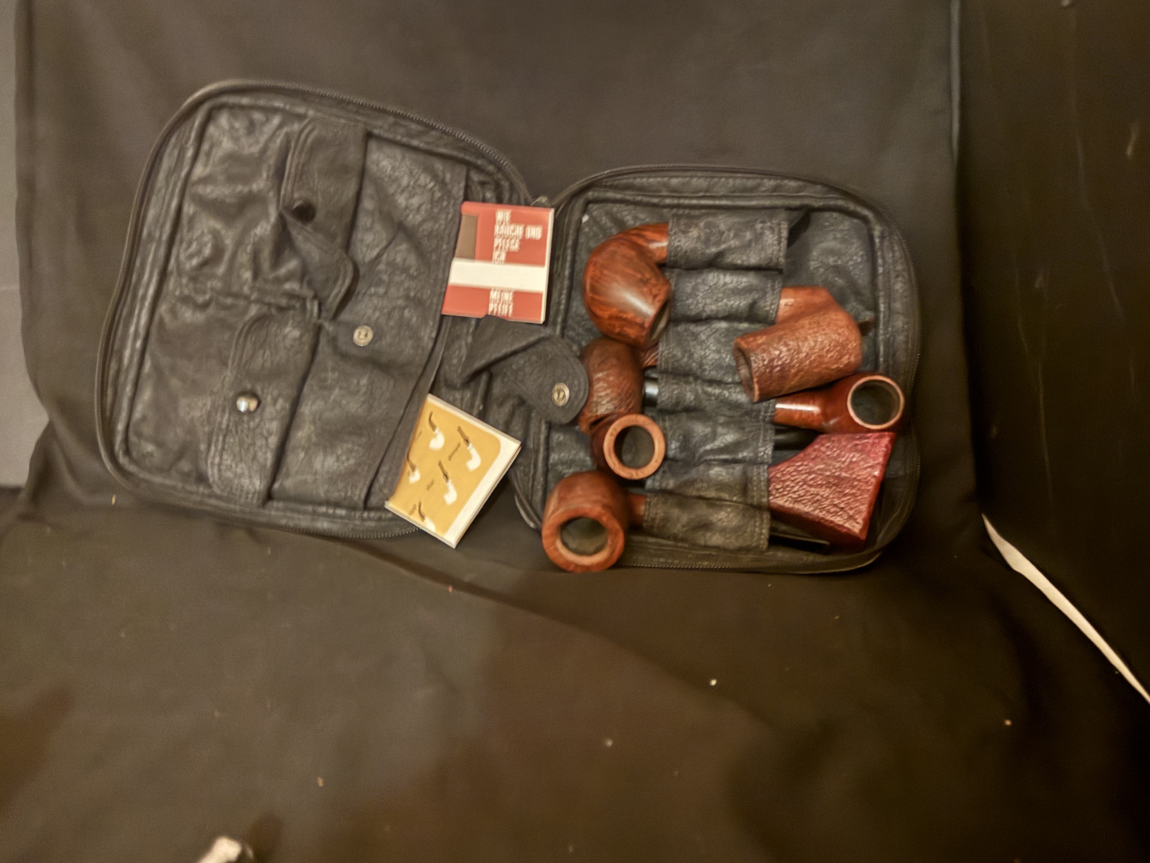 DERESO Black Leather Pipe Bag for 7 Pipes, Accessories and Tobacco Tin, Pre-Used in Very Good Condition 3