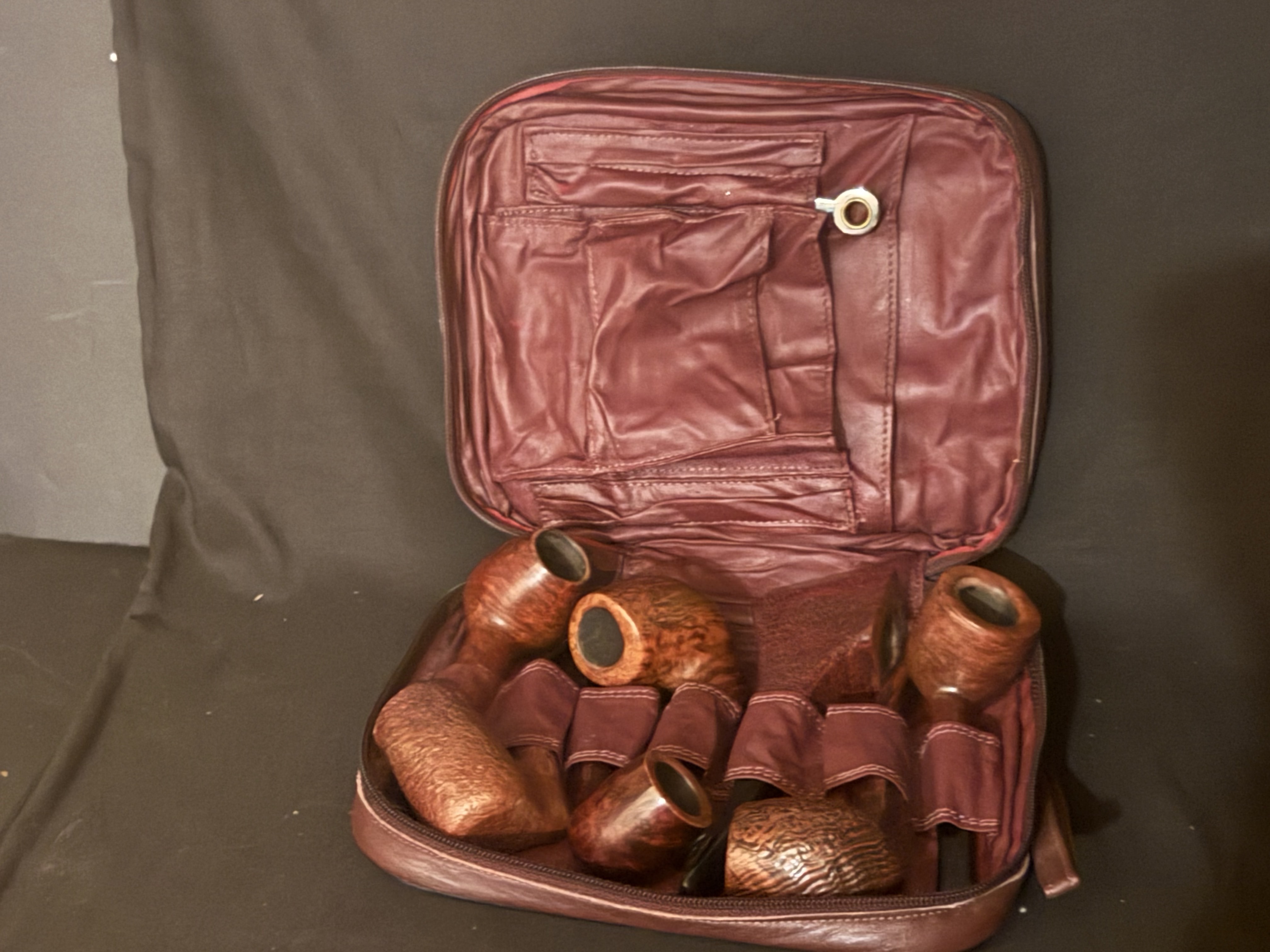 Red Leather Pipe Bag for 7 Pipes, Tampers, Cleaning Tools and Tobacco Tin, Pre-Owned 2