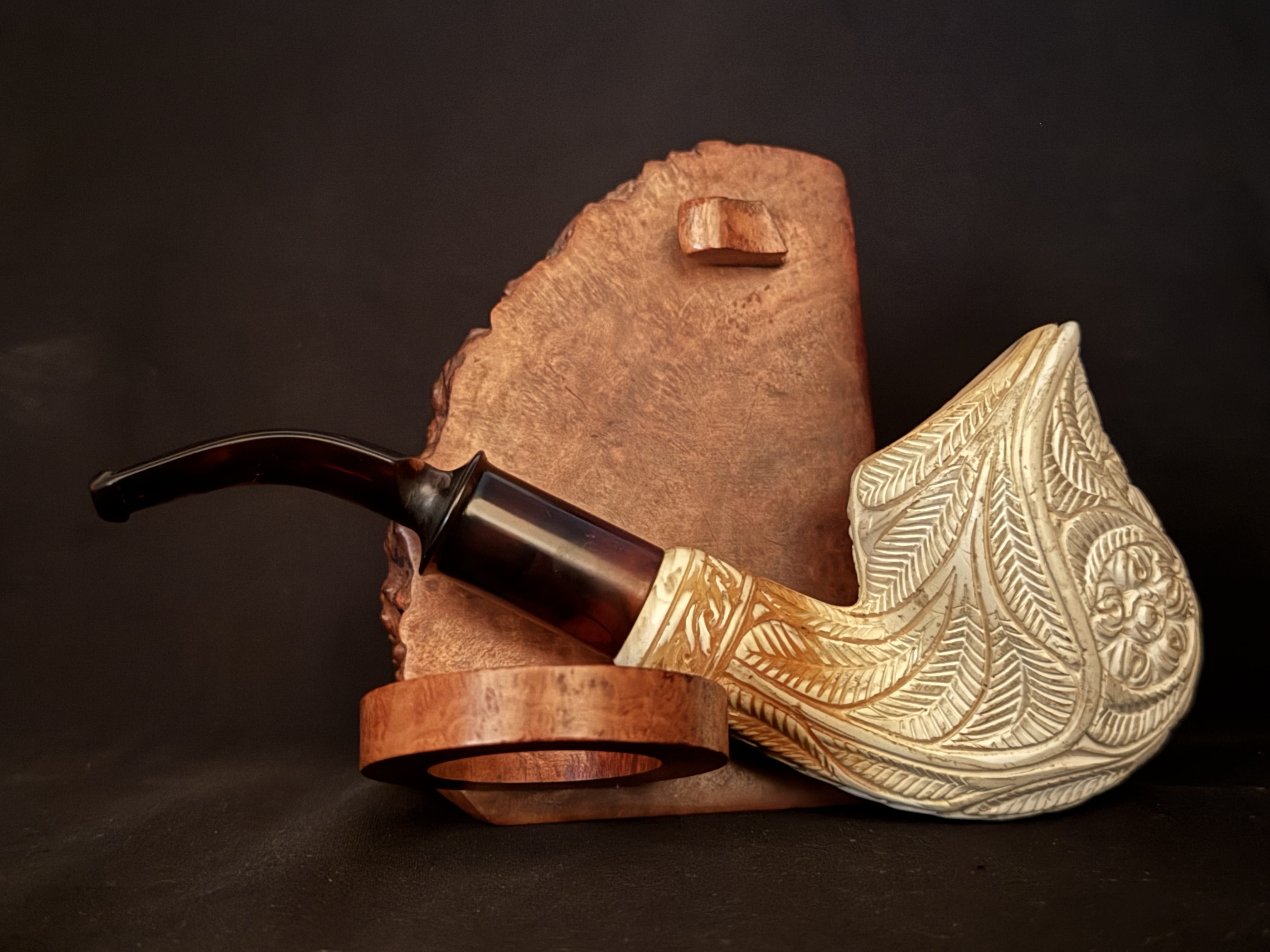 Altinay Turkish Meerschaum Deco Carved Tall Freehand Bent Pipe, Dark Amber Stem, 9mm Filter, Fishtail Bit, Vintage 3