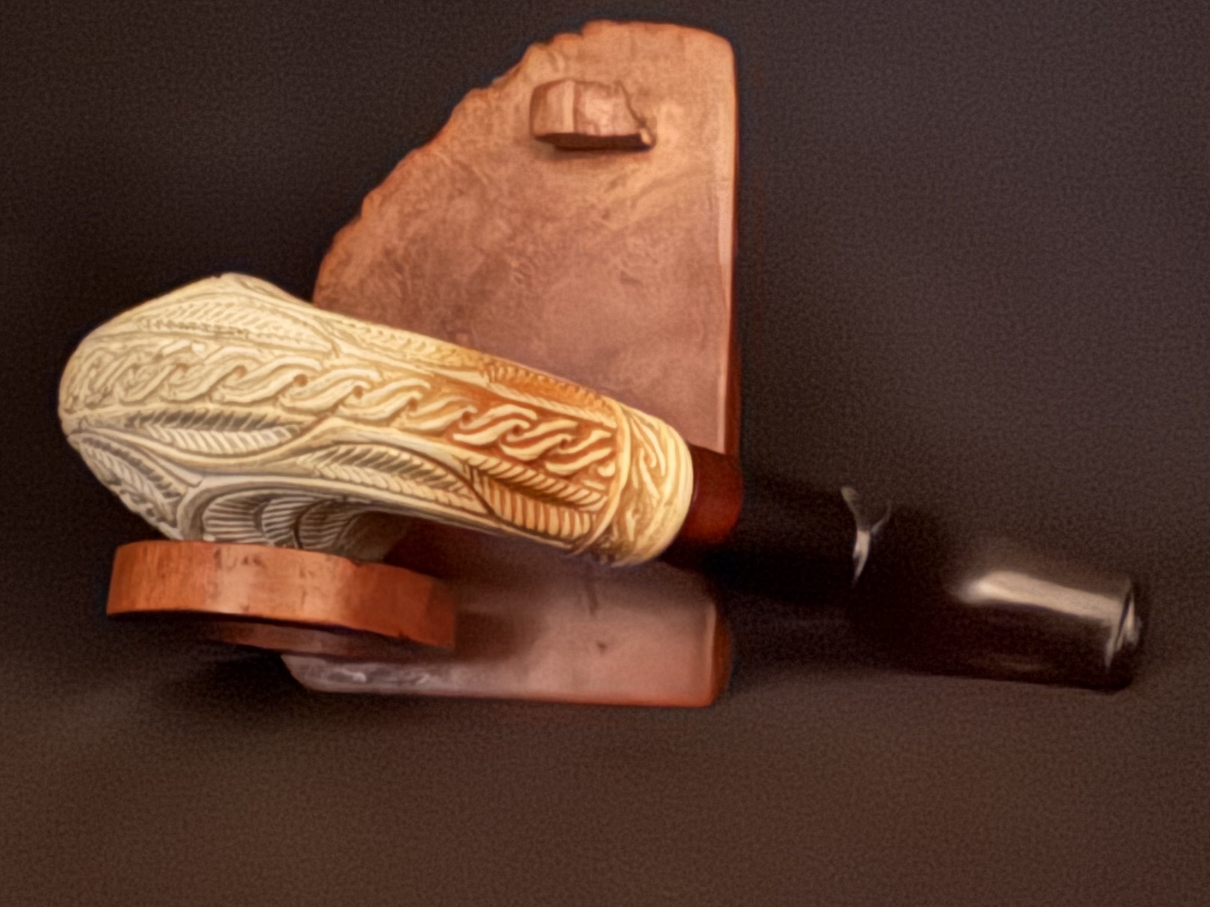Altinay Turkish Meerschaum Deco Carved Tall Freehand Bent Pipe, Dark Amber Stem, 9mm Filter, Fishtail Bit, Vintage 6