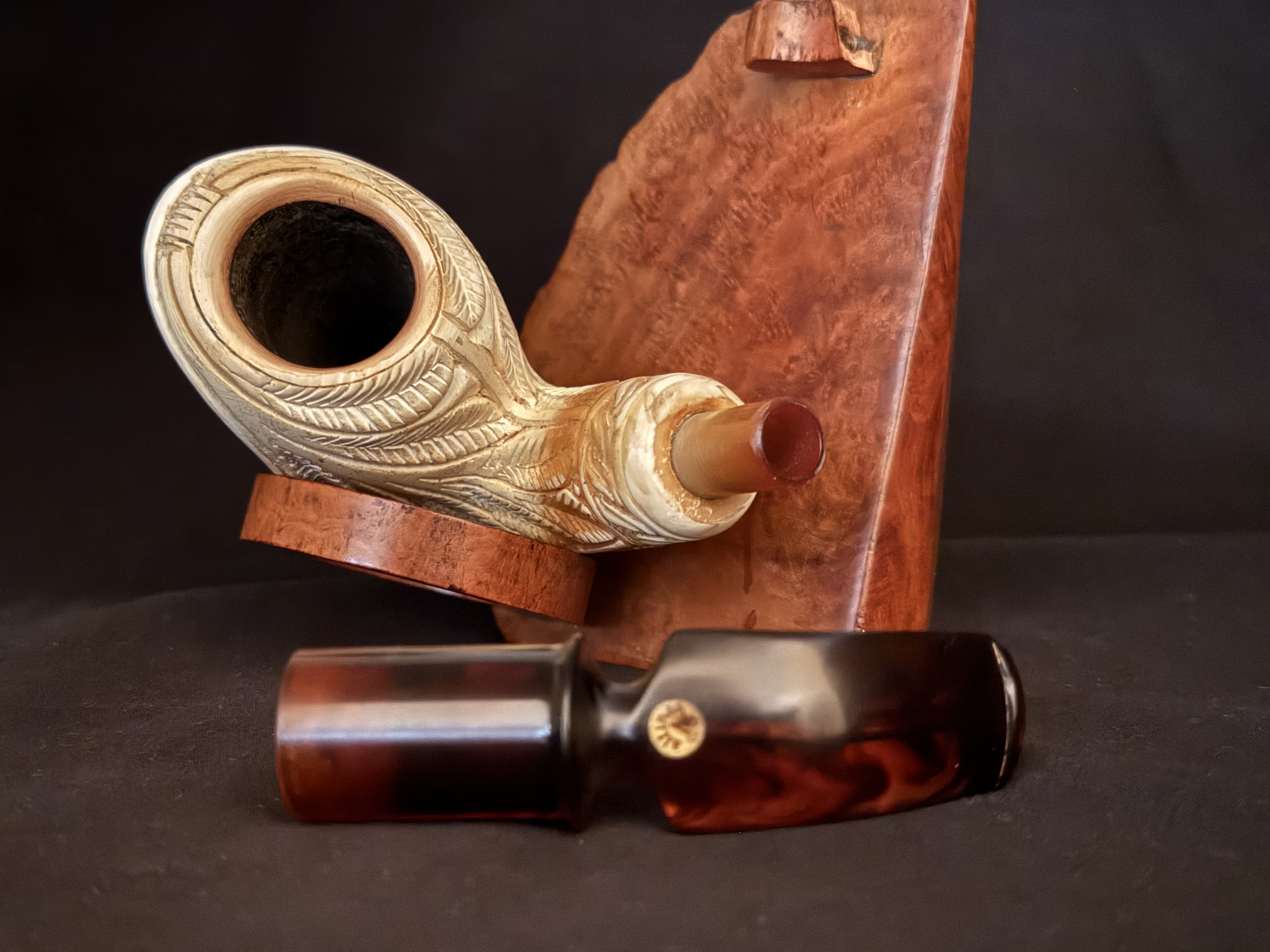 Altinay Turkish Meerschaum Deco Carved Tall Freehand Bent Pipe, Dark Amber Stem, 9mm Filter, Fishtail Bit, Vintage 9