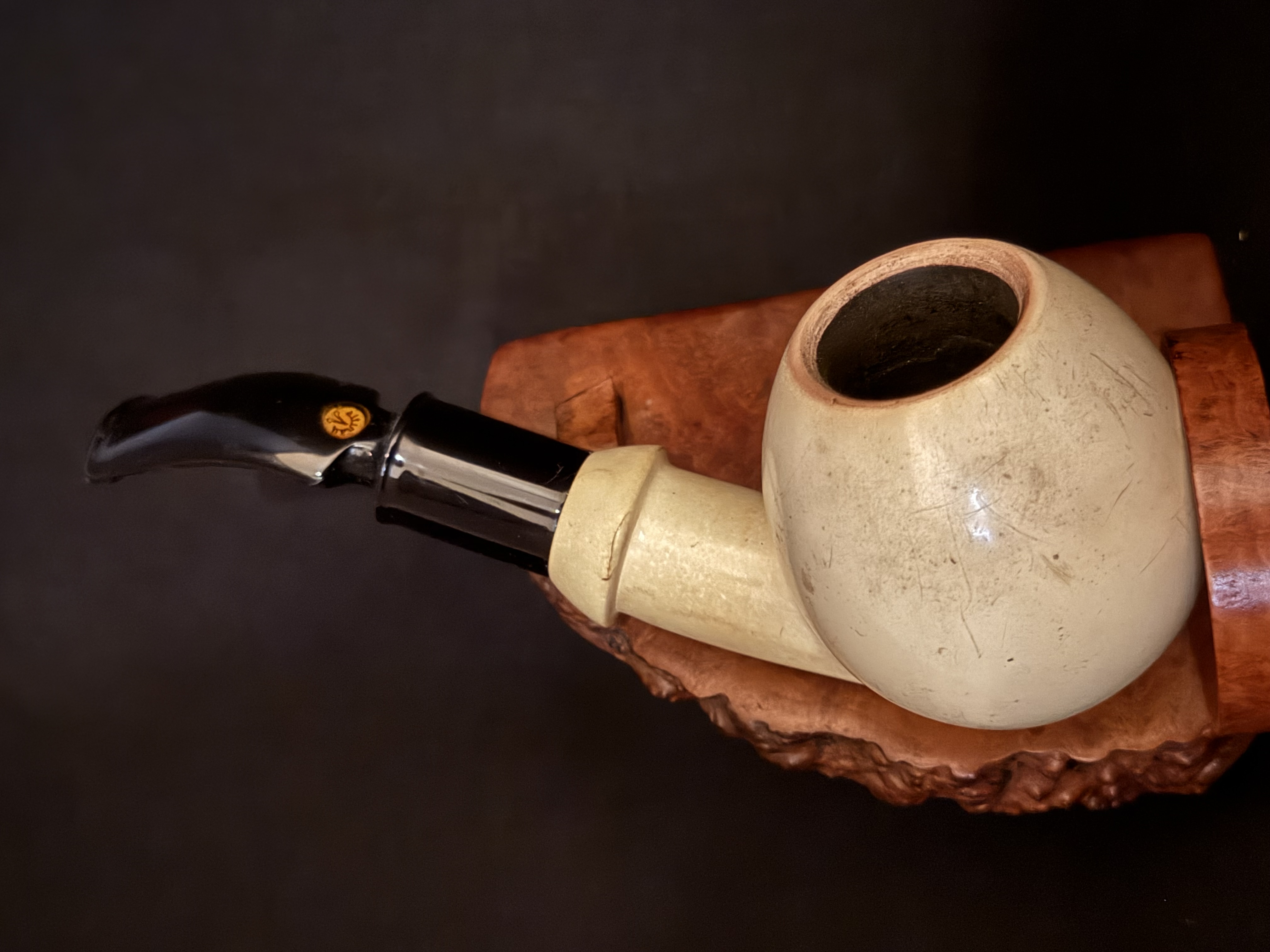 Altinay Turkish Meerschaum Bent Pipe, Large Smooth Spherical Bowl, Dark Amber Saddle Stem, 9mm Filter, Fishtail Bit, Original Case 3