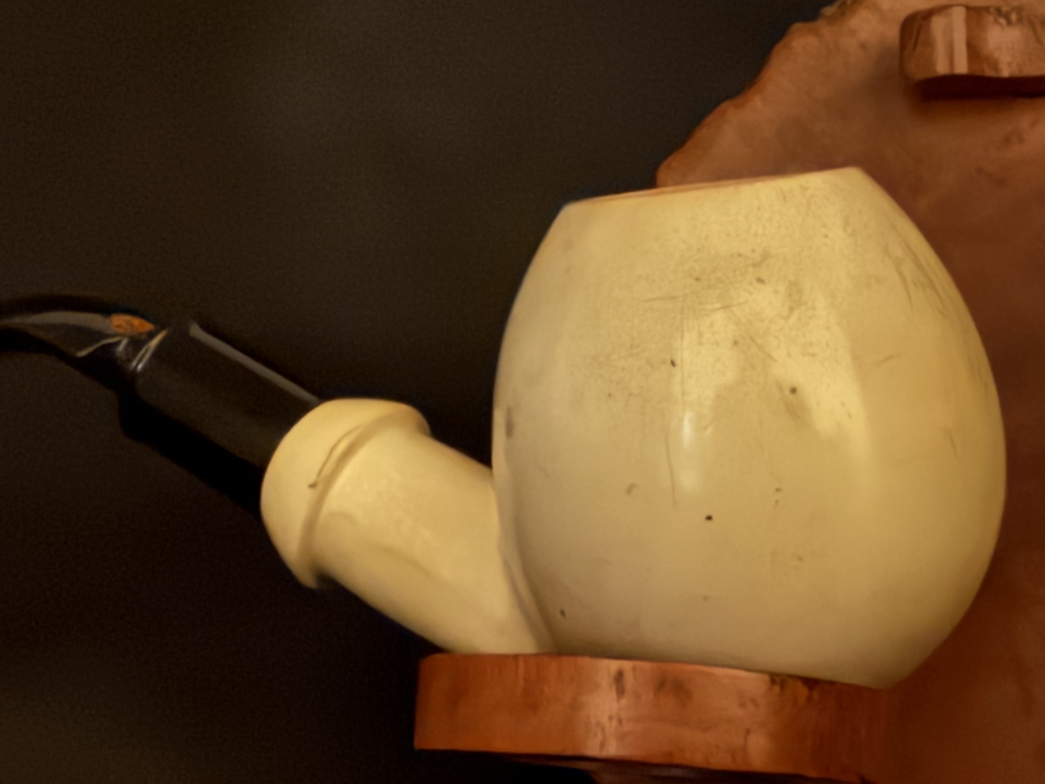 Altinay Turkish Meerschaum Bent Pipe, Large Smooth Spherical Bowl, Dark Amber Saddle Stem, 9mm Filter, Fishtail Bit, Original Case 9