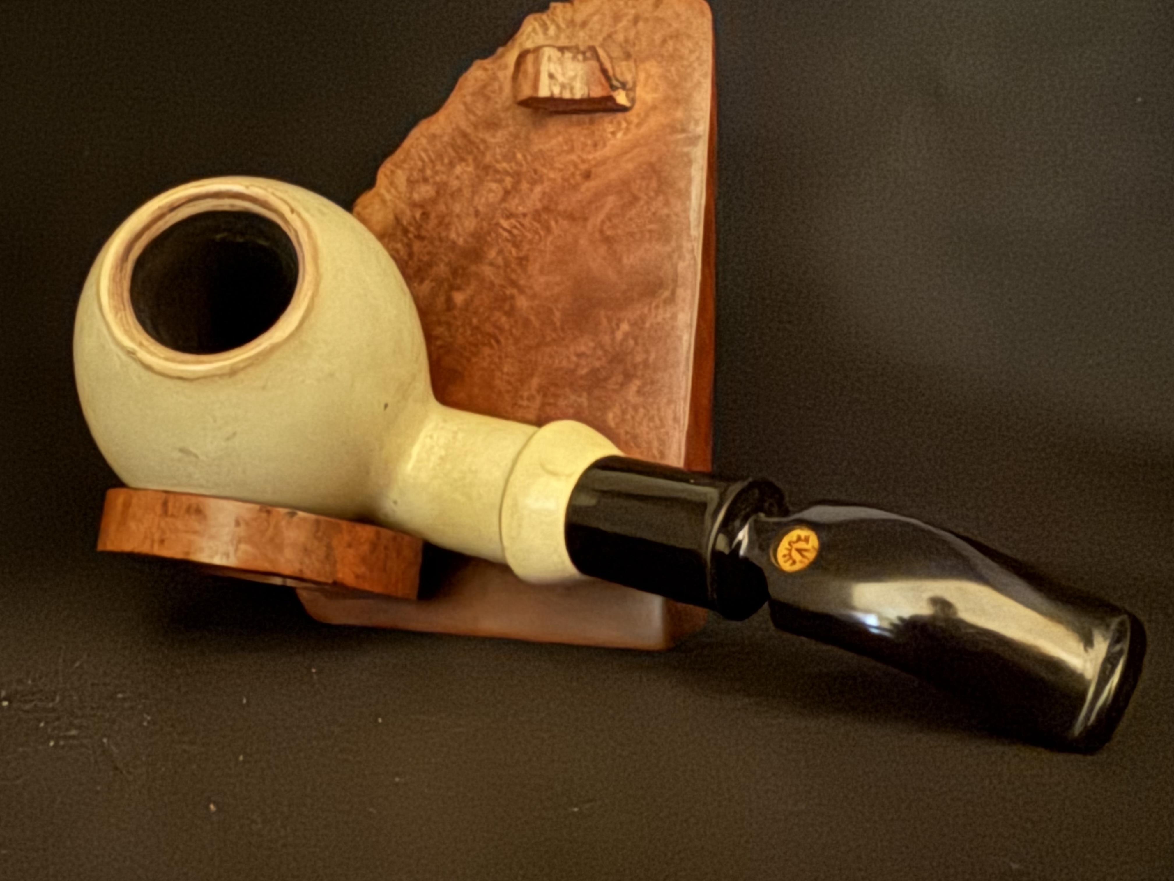 Altinay Turkish Meerschaum Bent Pipe, Large Smooth Spherical Bowl, Dark Amber Saddle Stem, 9mm Filter, Fishtail Bit, Original Case 10