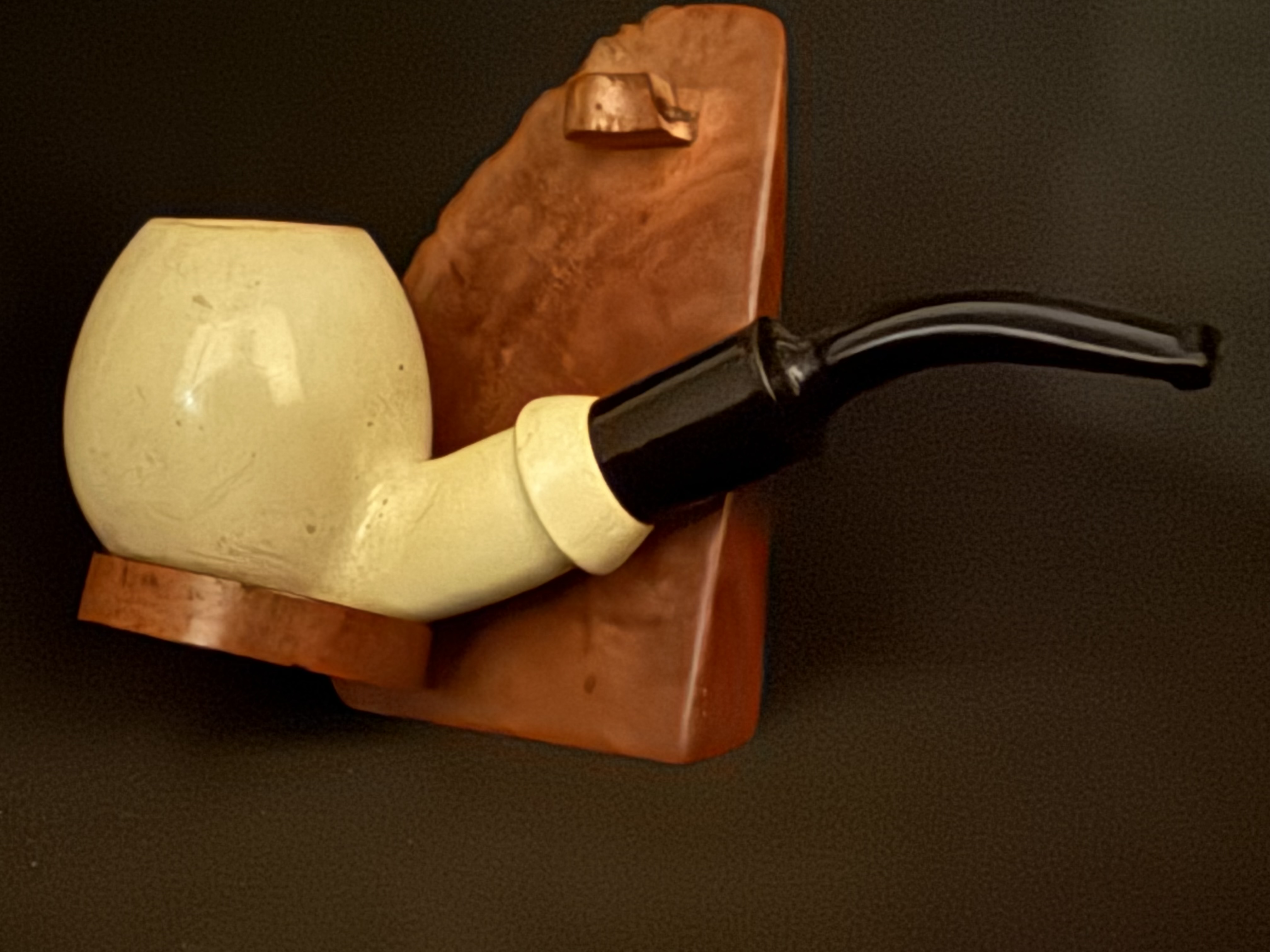 Altinay Turkish Meerschaum Bent Pipe, Large Smooth Spherical Bowl, Dark Amber Saddle Stem, 9mm Filter, Fishtail Bit, Original Case 11