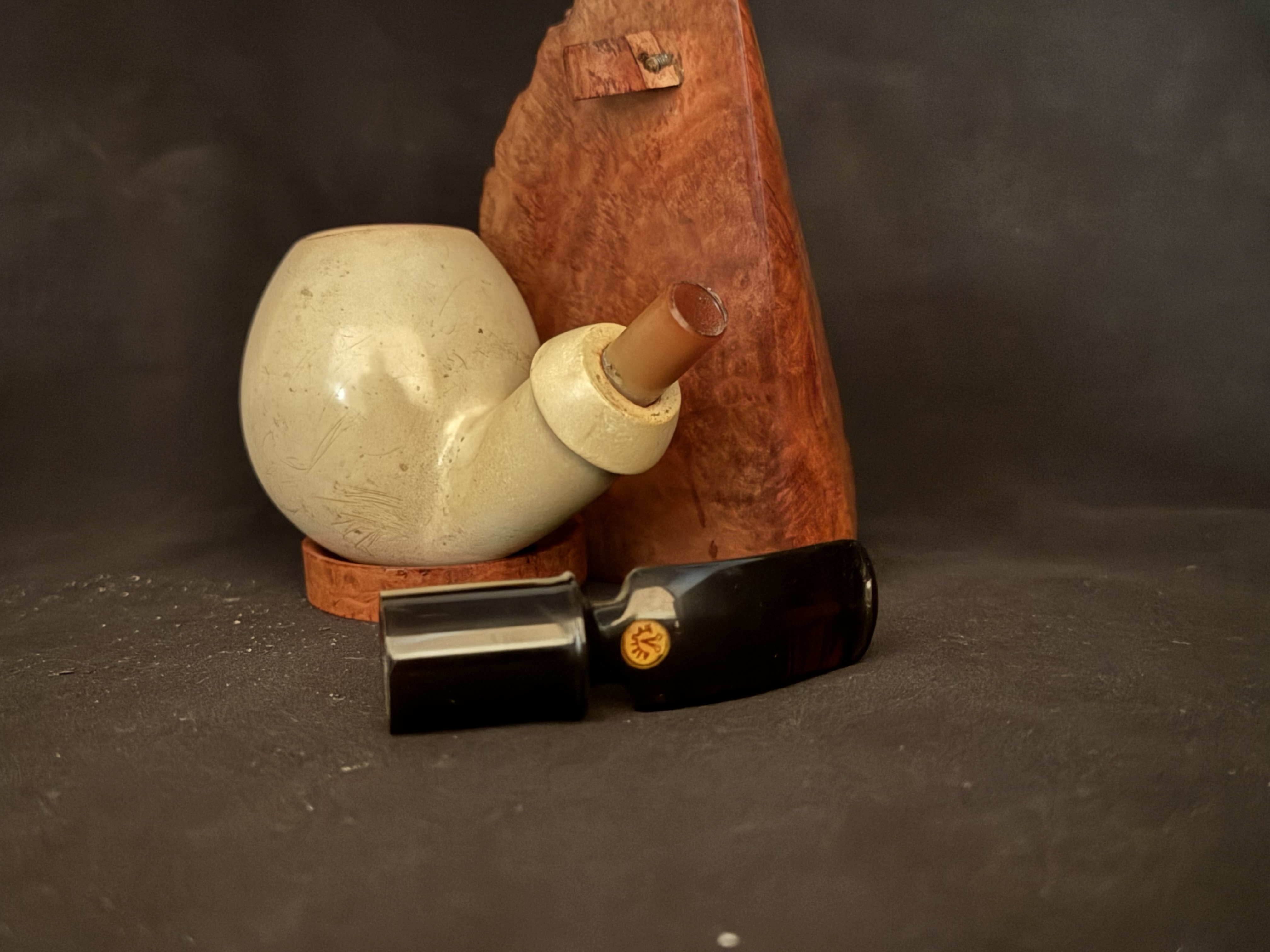 Altinay Turkish Meerschaum Bent Pipe, Large Smooth Spherical Bowl, Dark Amber Saddle Stem, 9mm Filter, Fishtail Bit, Original Case 12