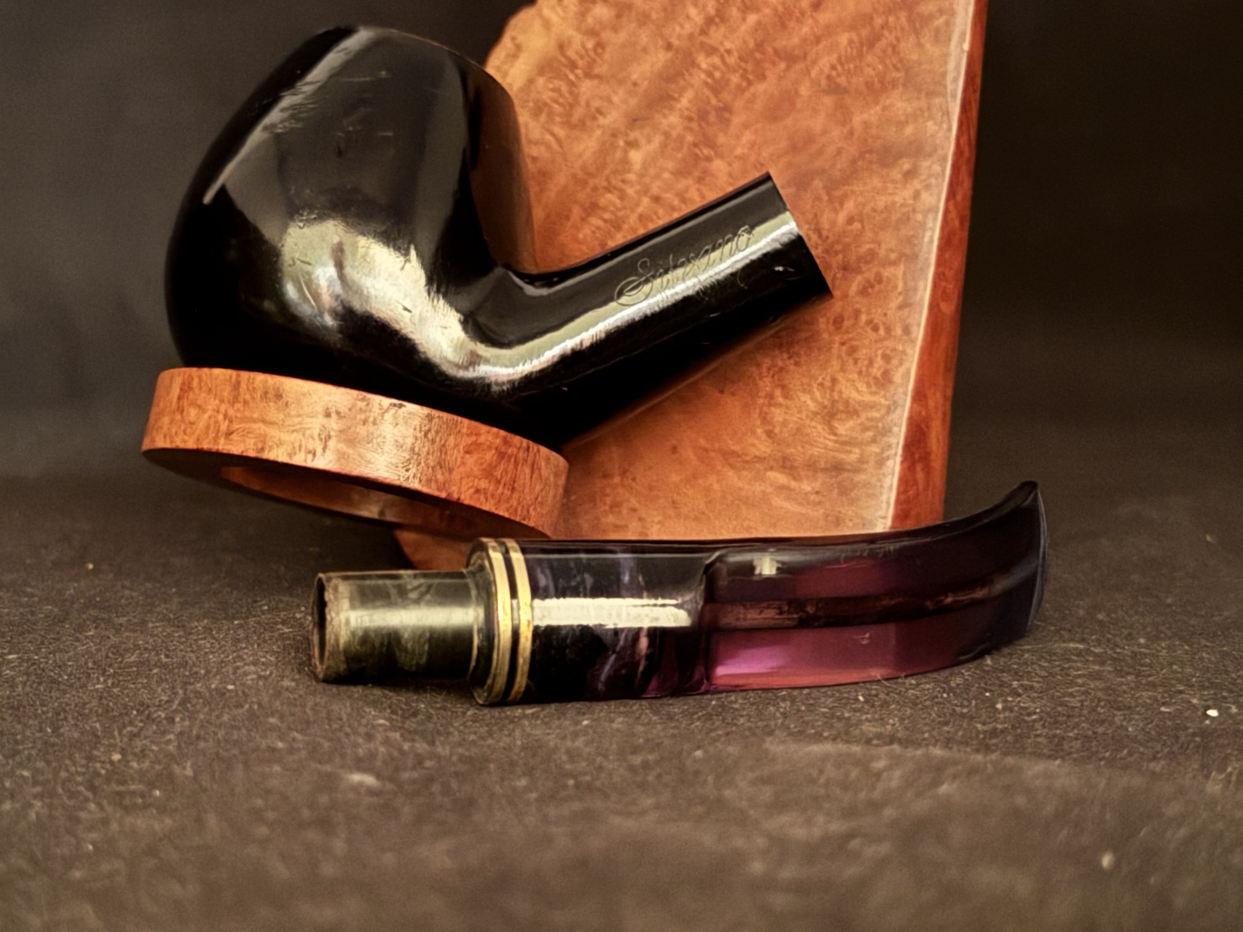 Silvano Azzorro Bent Billiard Smooth Black Briar Estate Pipe - Acrylic Saddle Stem, 9mm Filter, Fishtail 10