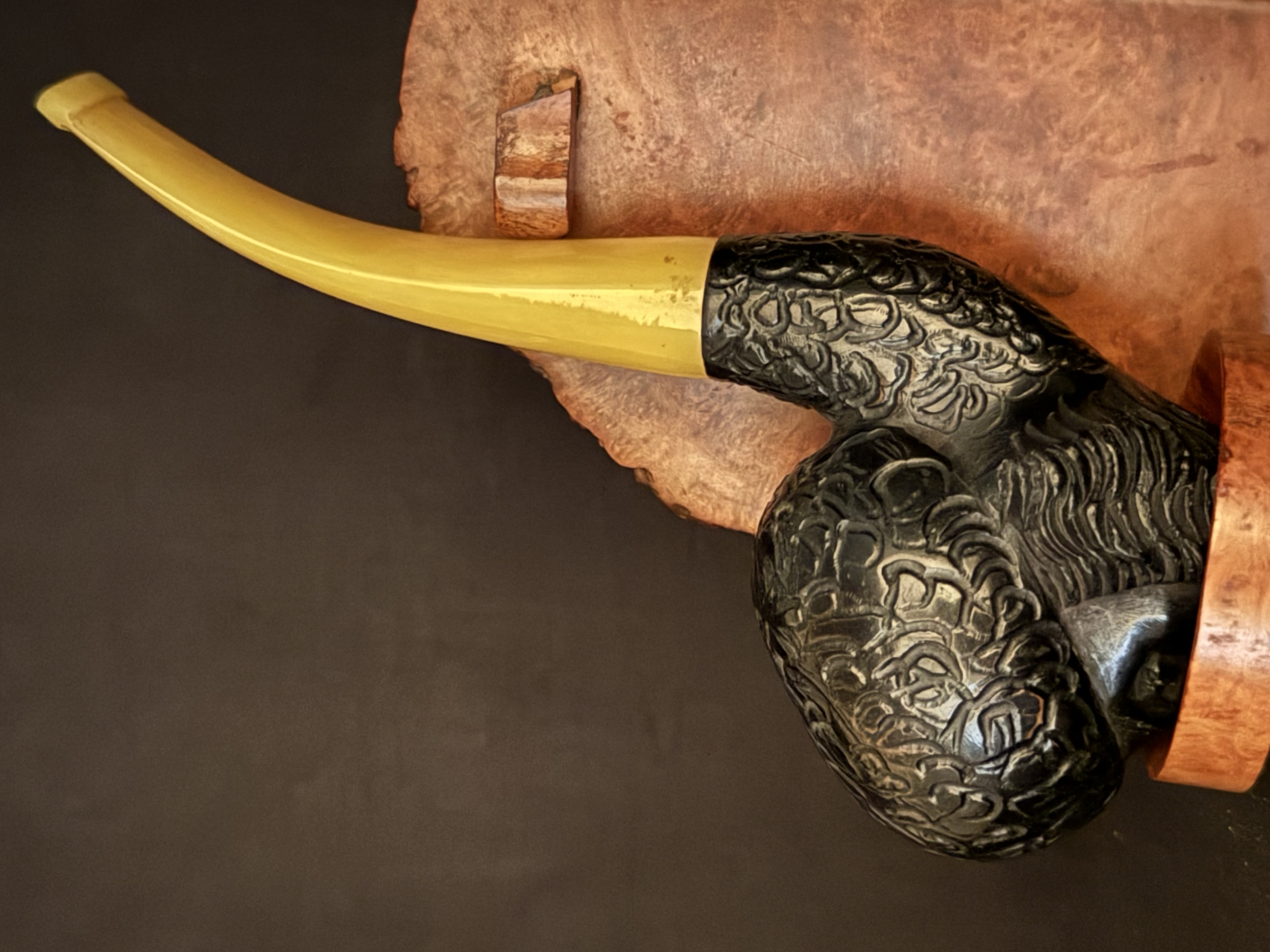 Black Meerschaum Sultan Face Pipe, Turkish Handmade, Carved Turban and Beard, Amber Color Bakelite Stem, Unsmoked