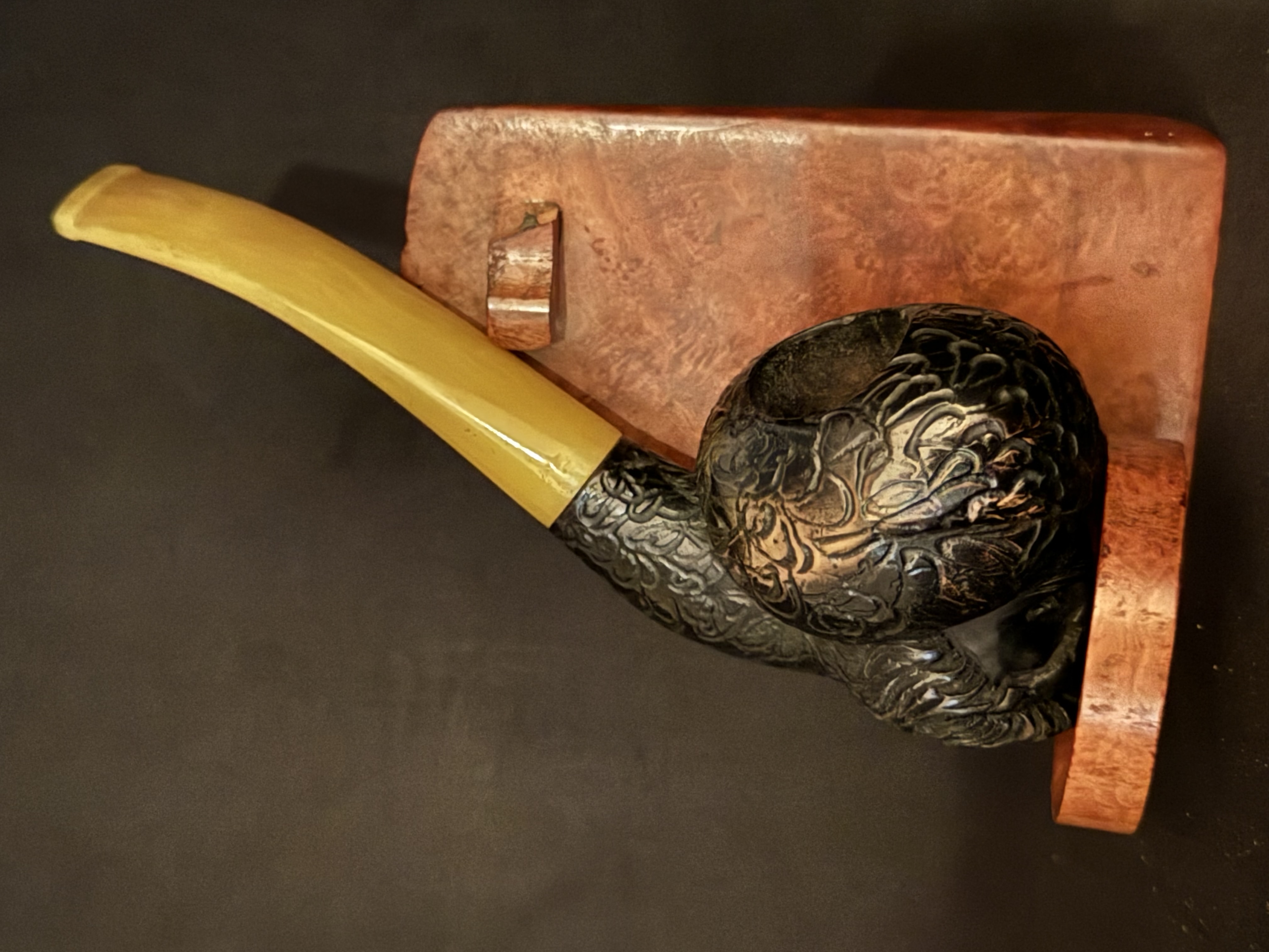 Black Meerschaum Sultan Face Pipe, Turkish Handmade, Carved Turban and Beard, Amber Color Bakelite Stem, Unsmoked 2
