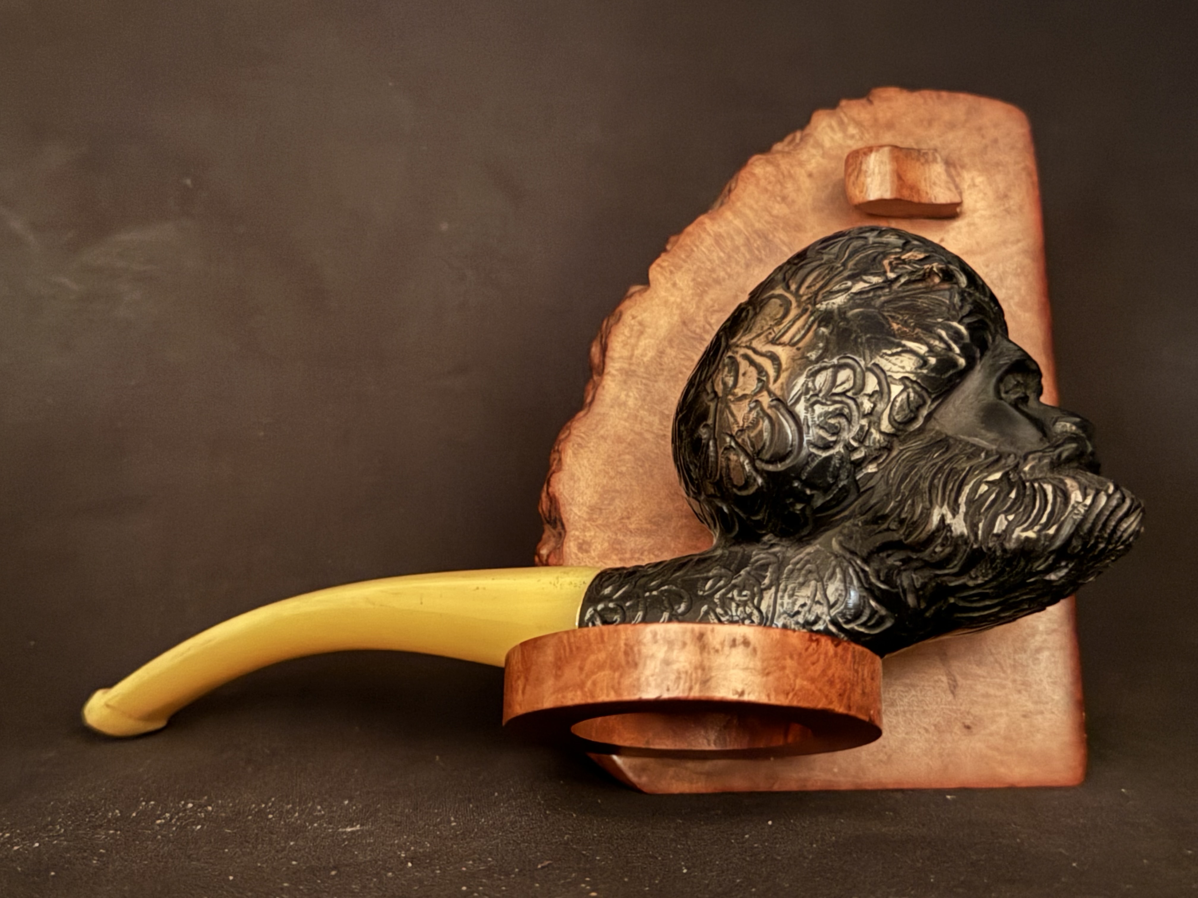 Black Meerschaum Sultan Face Pipe, Turkish Handmade, Carved Turban and Beard, Amber Color Bakelite Stem, Unsmoked 4