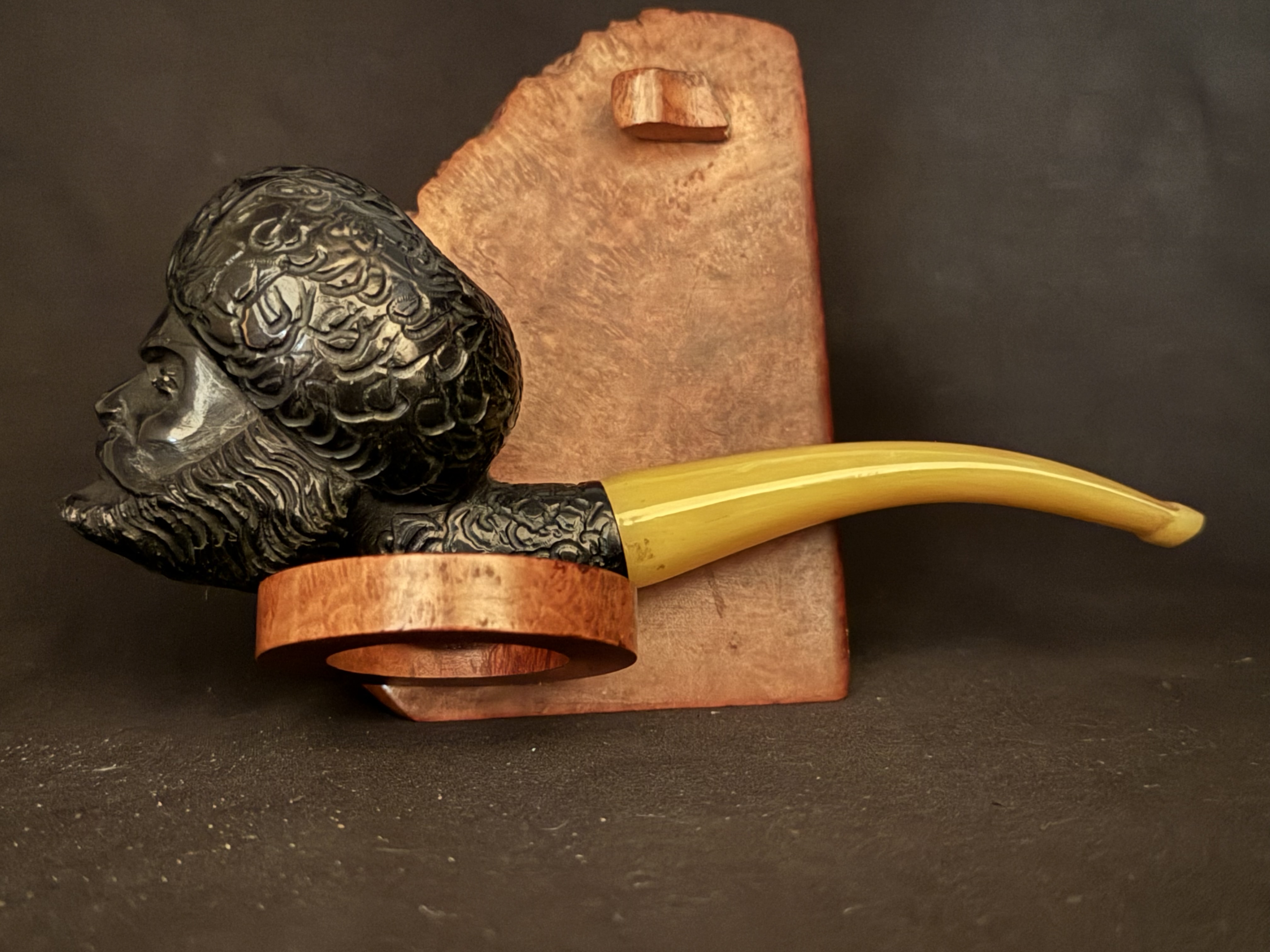 Black Meerschaum Sultan Face Pipe, Turkish Handmade, Carved Turban and Beard, Amber Color Bakelite Stem, Unsmoked 3