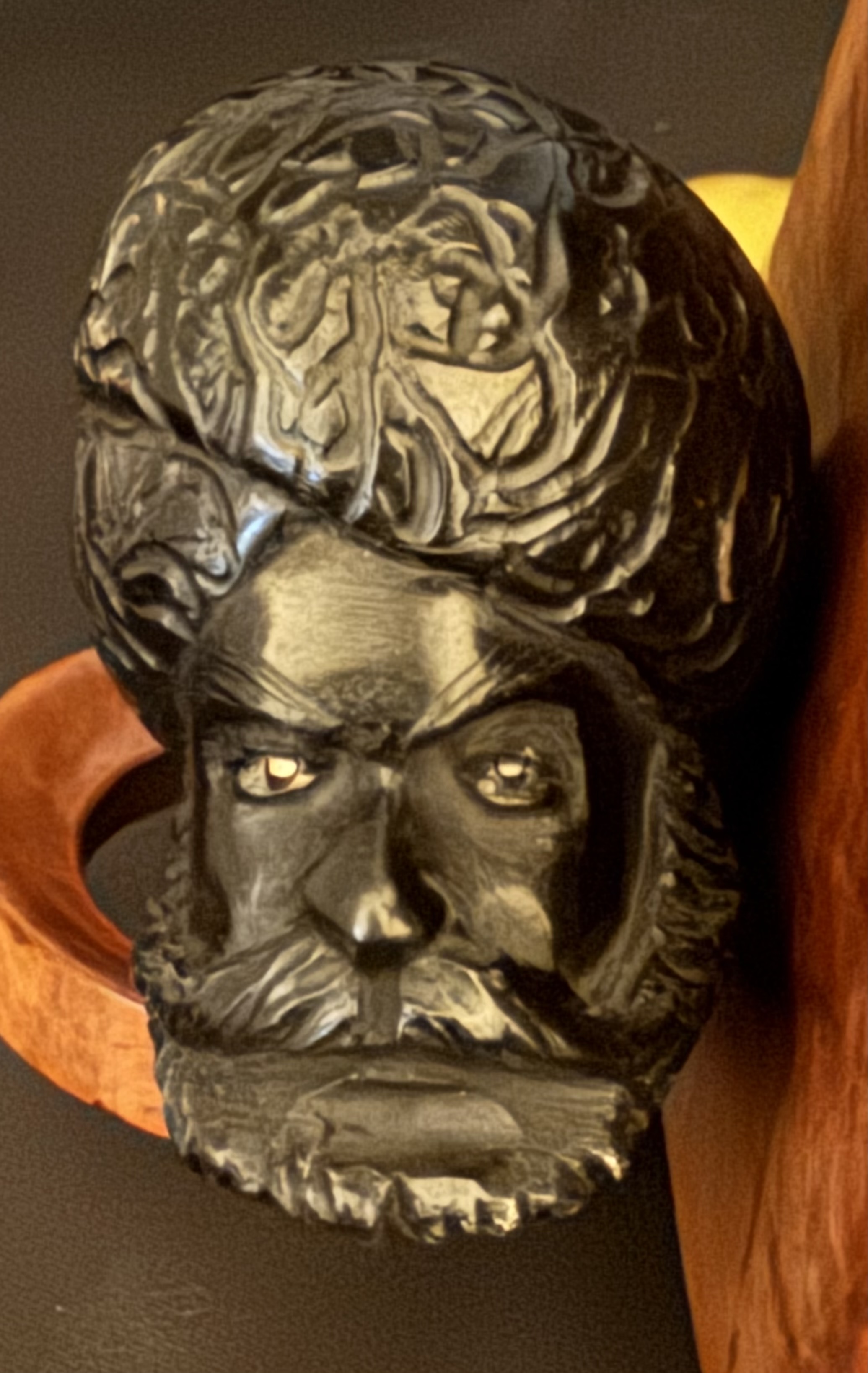 Black Meerschaum Sultan Face Pipe, Turkish Handmade, Carved Turban and Beard, Amber Color Bakelite Stem, Unsmoked 8