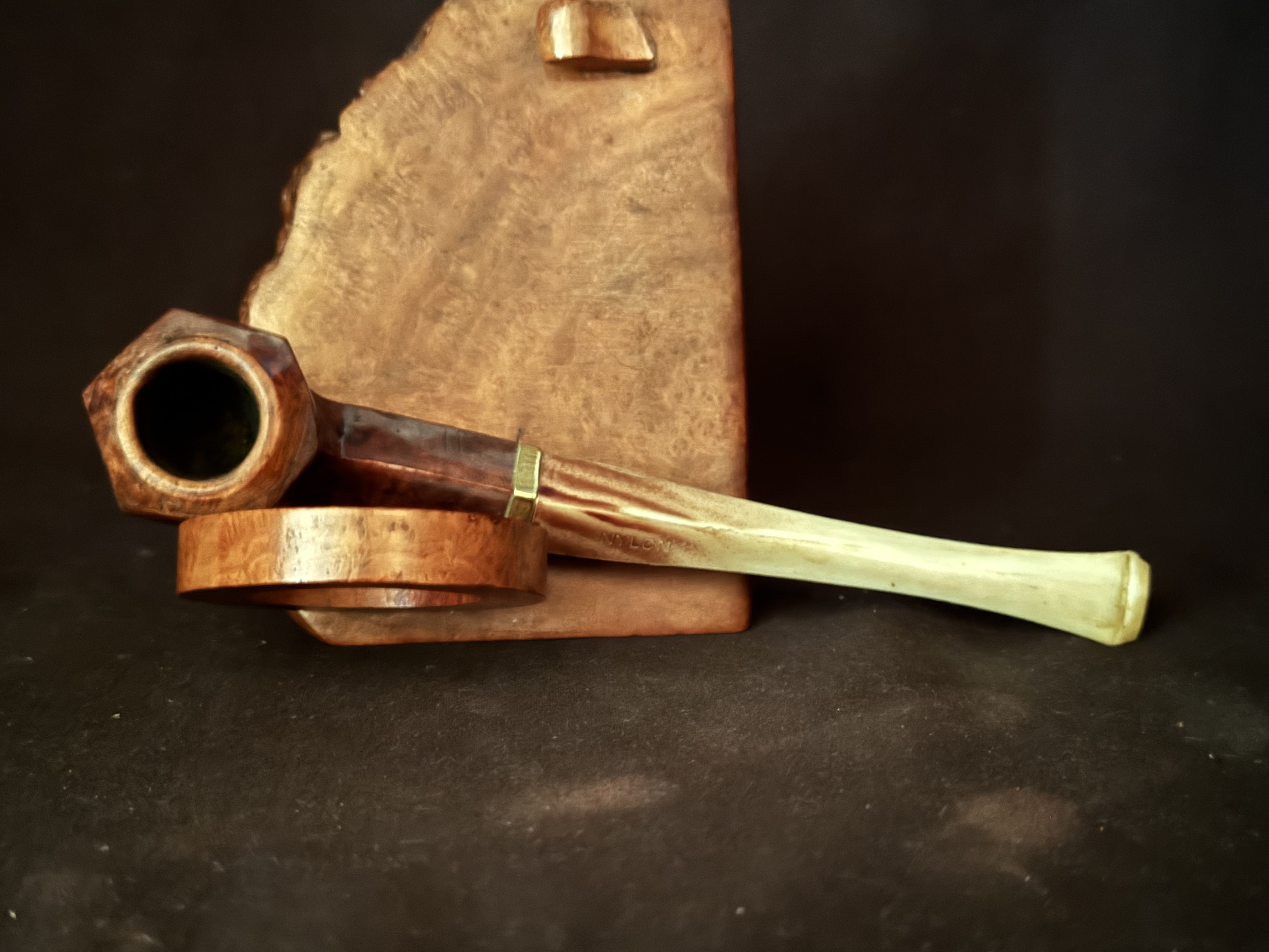 Smooth Straight Hexagonal Bowl Estate Pipe - Bruyere Garantie Stamp, Nylon Diamond Fishtail Stem, Size 1 3