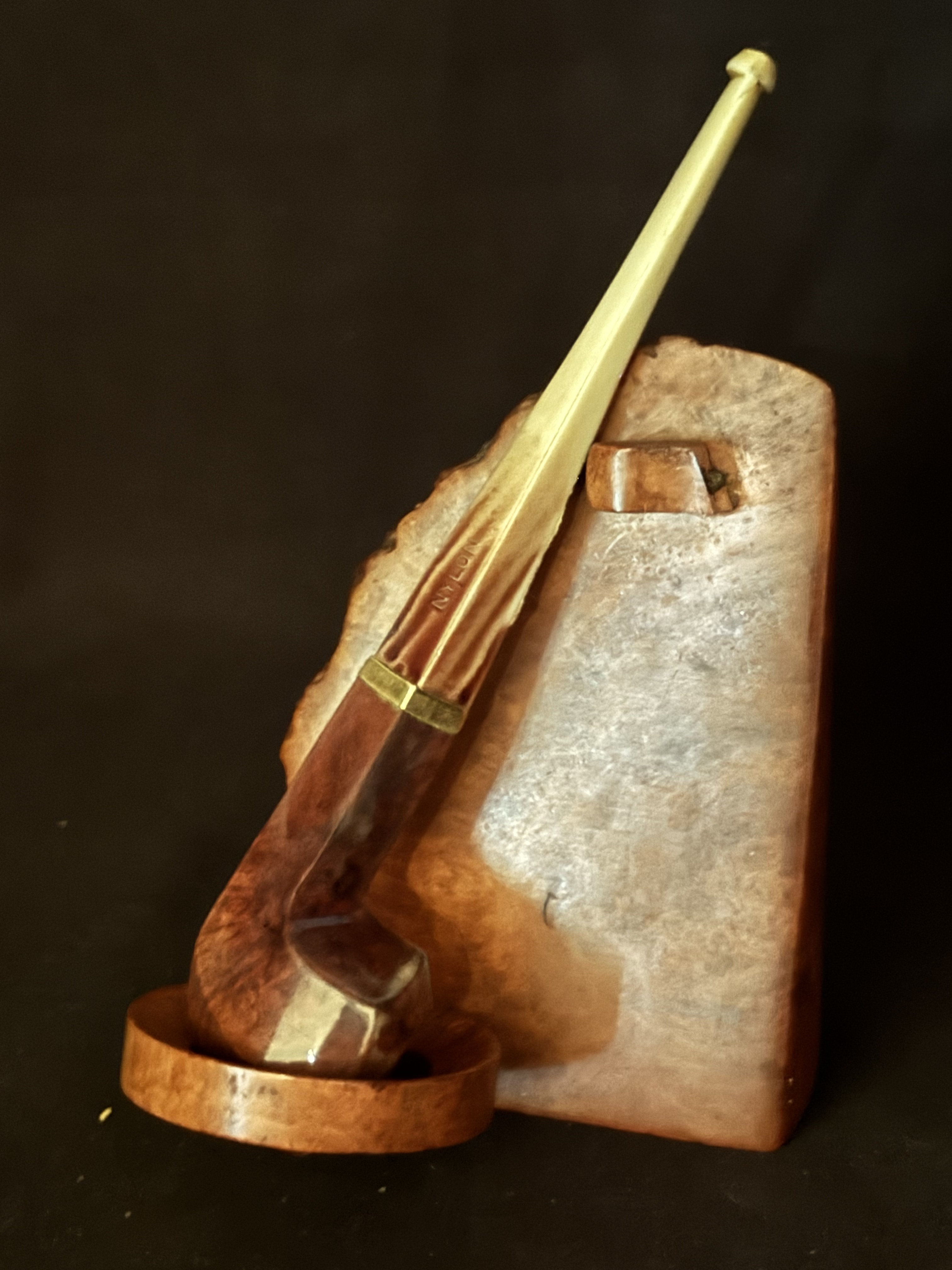 Smooth Straight Hexagonal Bowl Estate Pipe - Bruyere Garantie Stamp, Nylon Diamond Fishtail Stem, Size 1 9