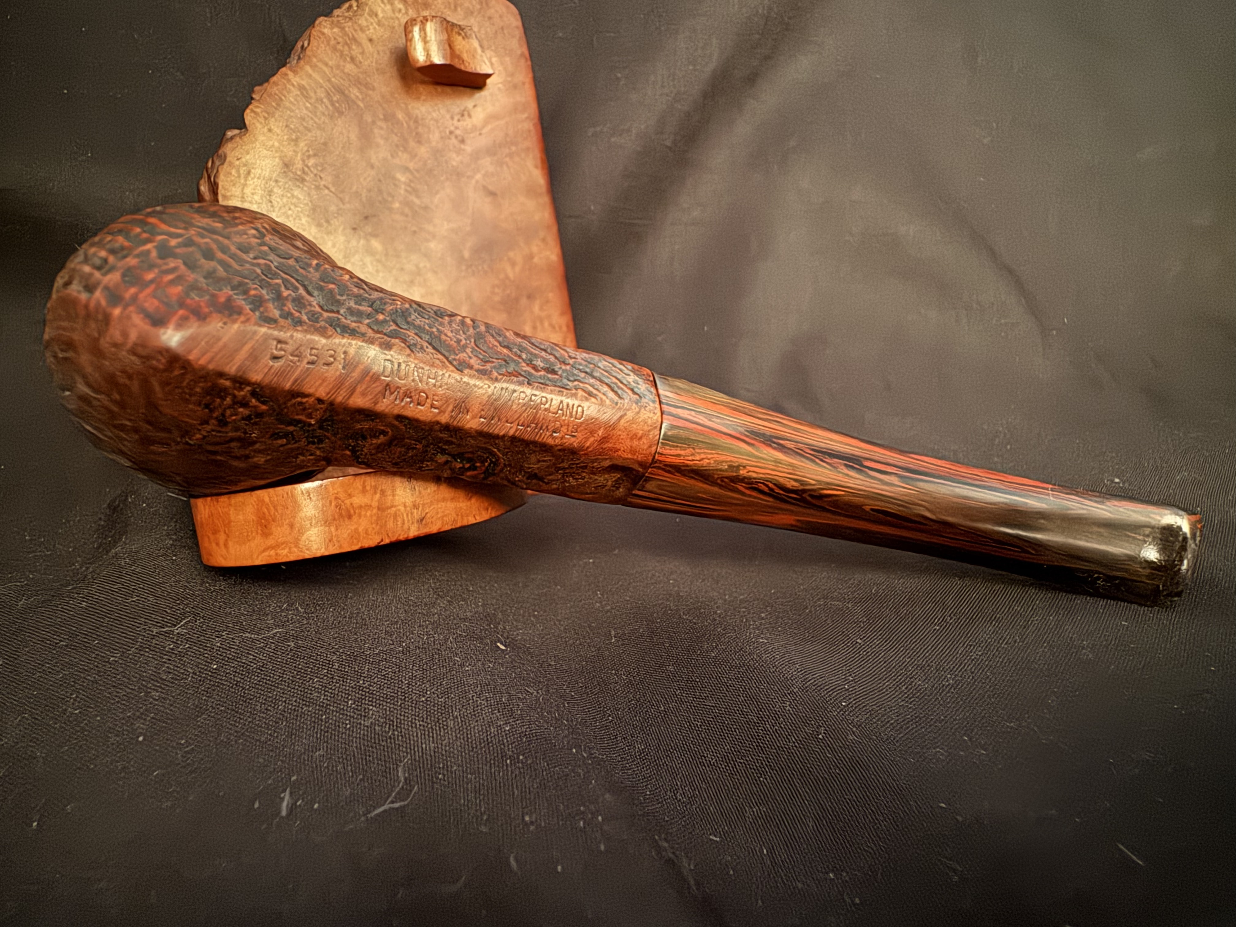 Dunhill Cumberland 54531 Large Sandblast Rhodesian Pipe, Diamond Shank, Cumberland Fishtail Stem, Ashton Leather Sleeve 7