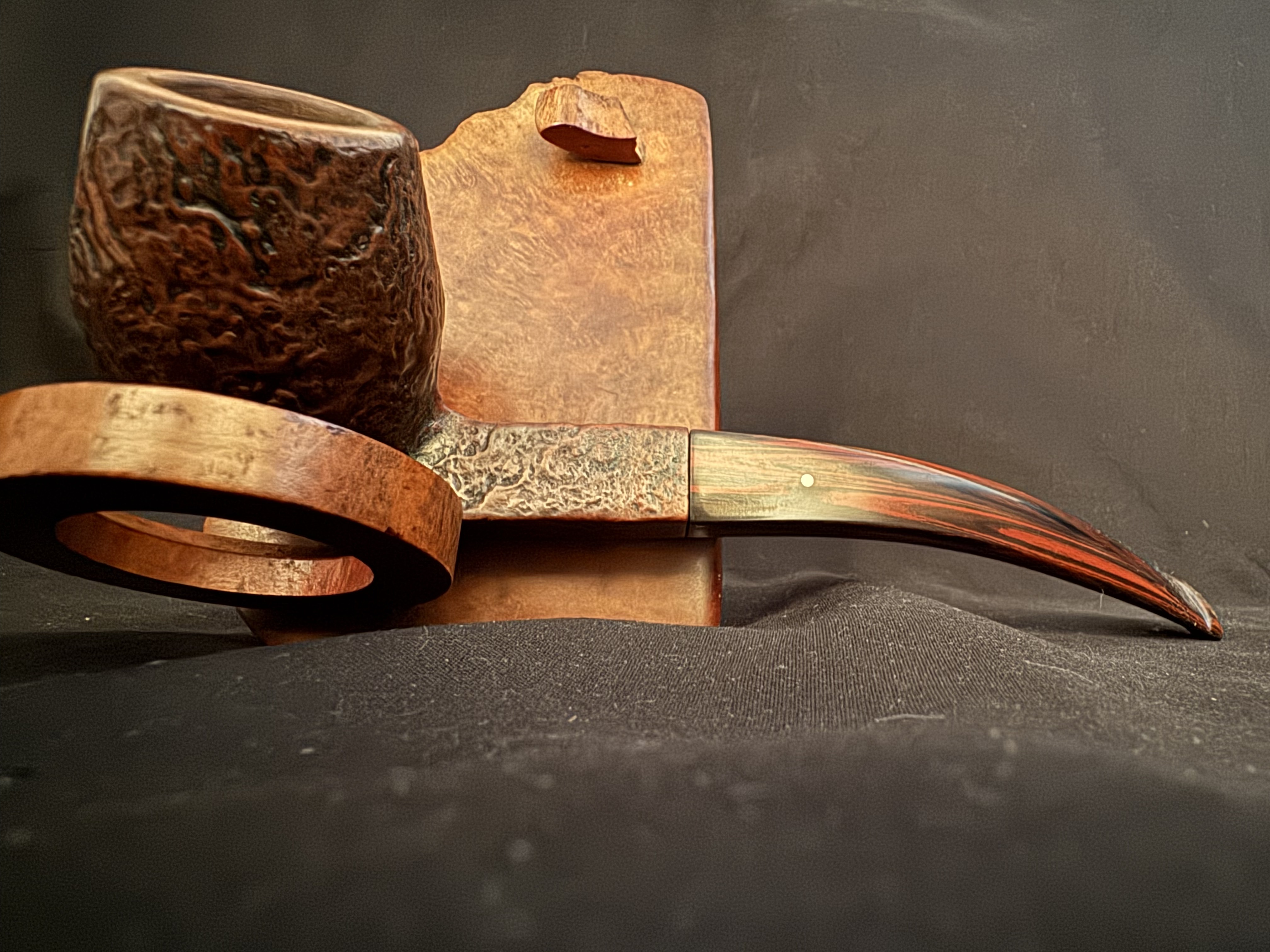 Dunhill Cumberland 54531 Large Sandblast Rhodesian Pipe, Diamond Shank, Cumberland Fishtail Stem, Ashton Leather Sleeve 12