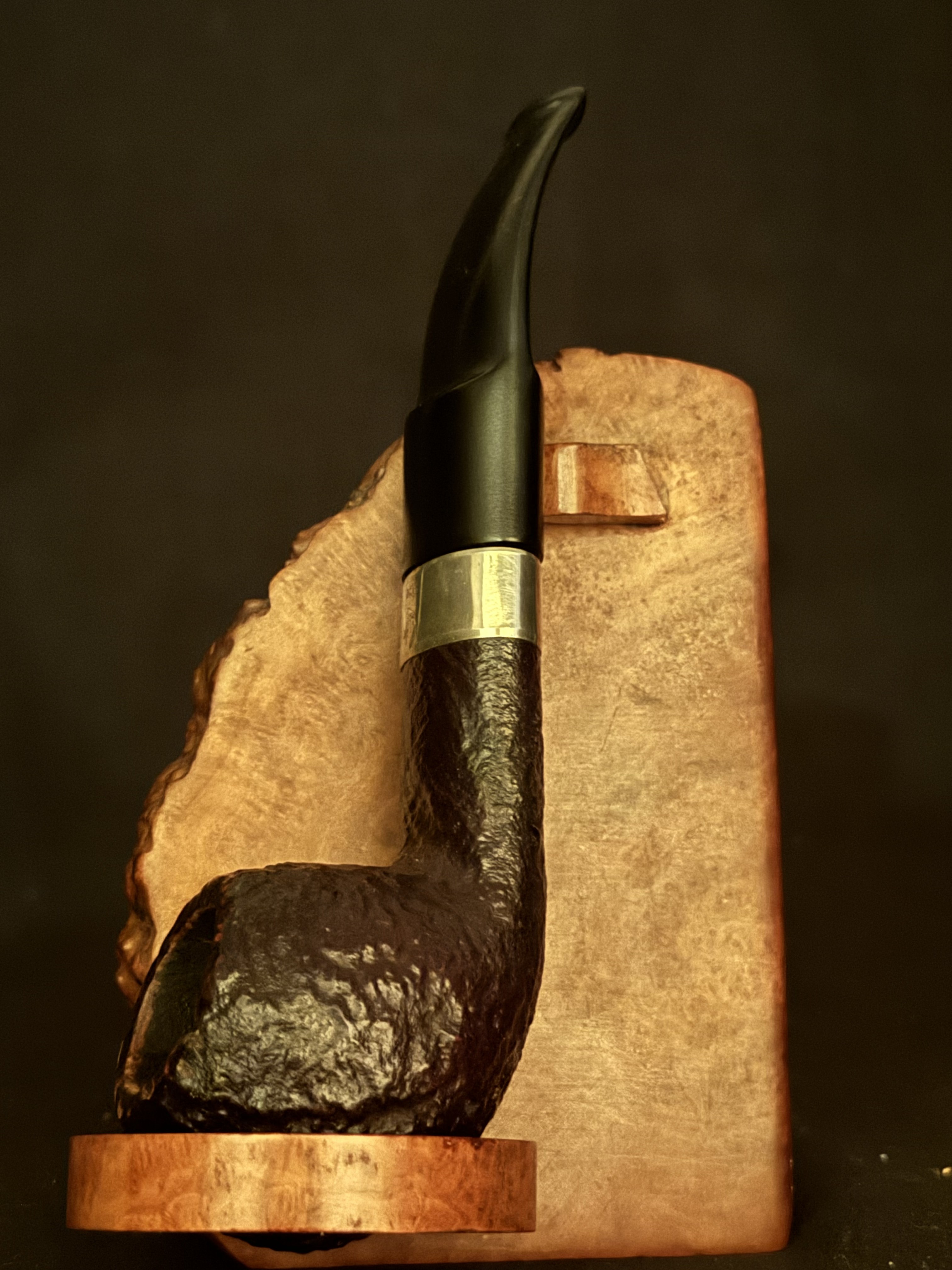 Filter 6 Palm 72 Sandblast Bent Apple Pot Estate Pipe - Oval Shank, Vulcanite Saddle Stem, Metal Band
