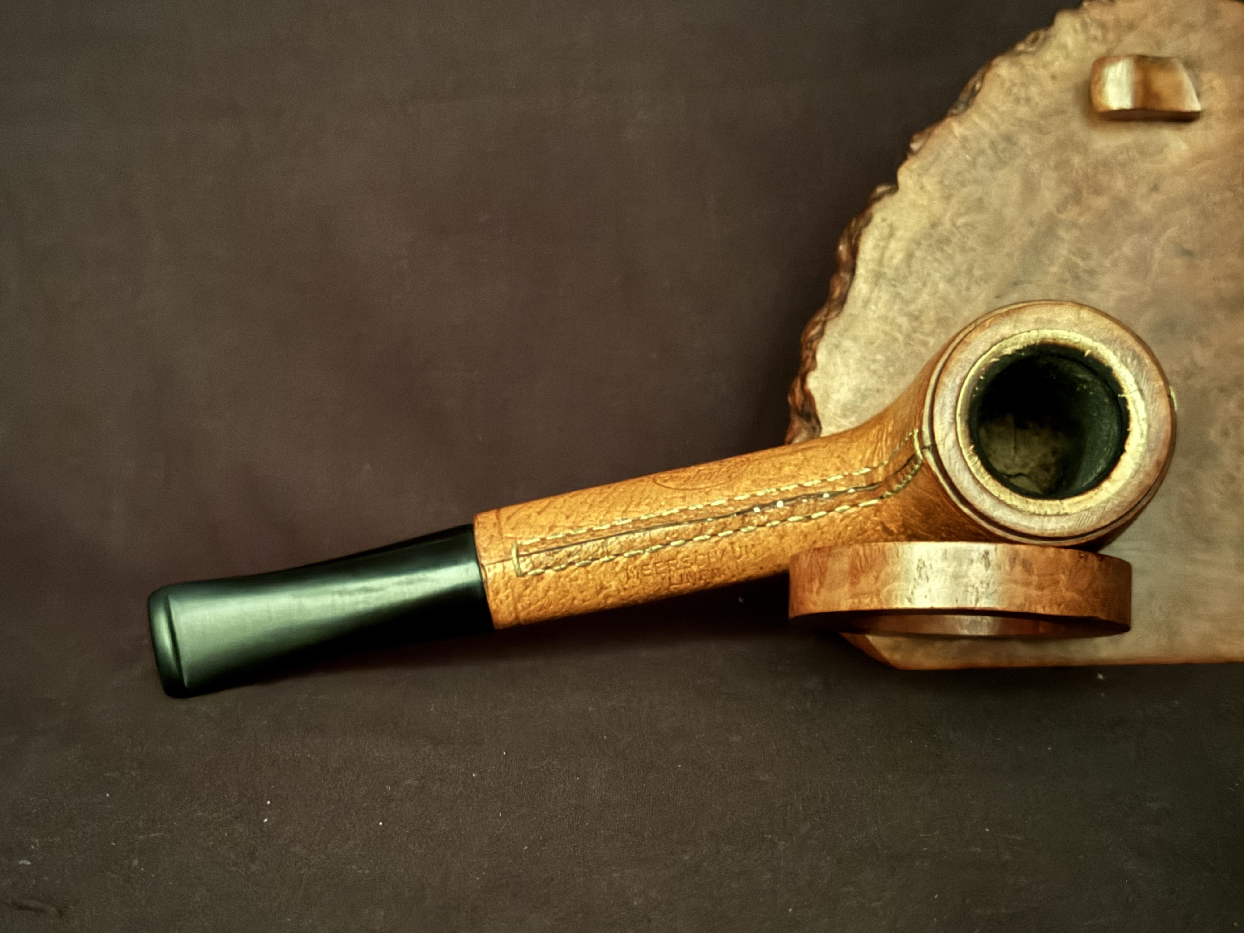 French Leather-Clad Straight Billiard Meerschaum Insert Estate Pipe SKU-016 5