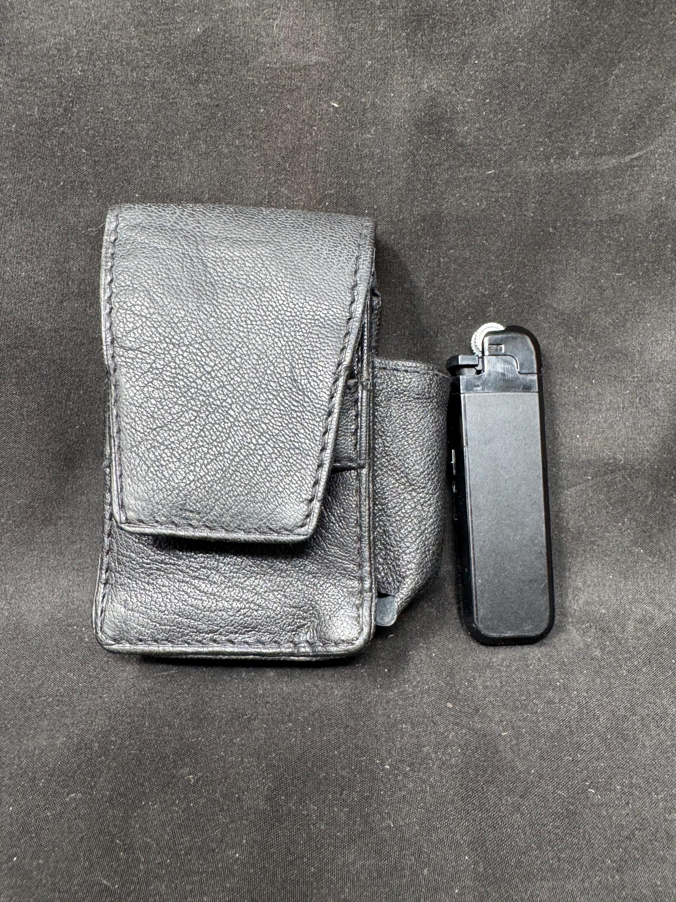 German Leather Cigarette & Lighter Set, Brass Star Logo, 4in Case, NOS