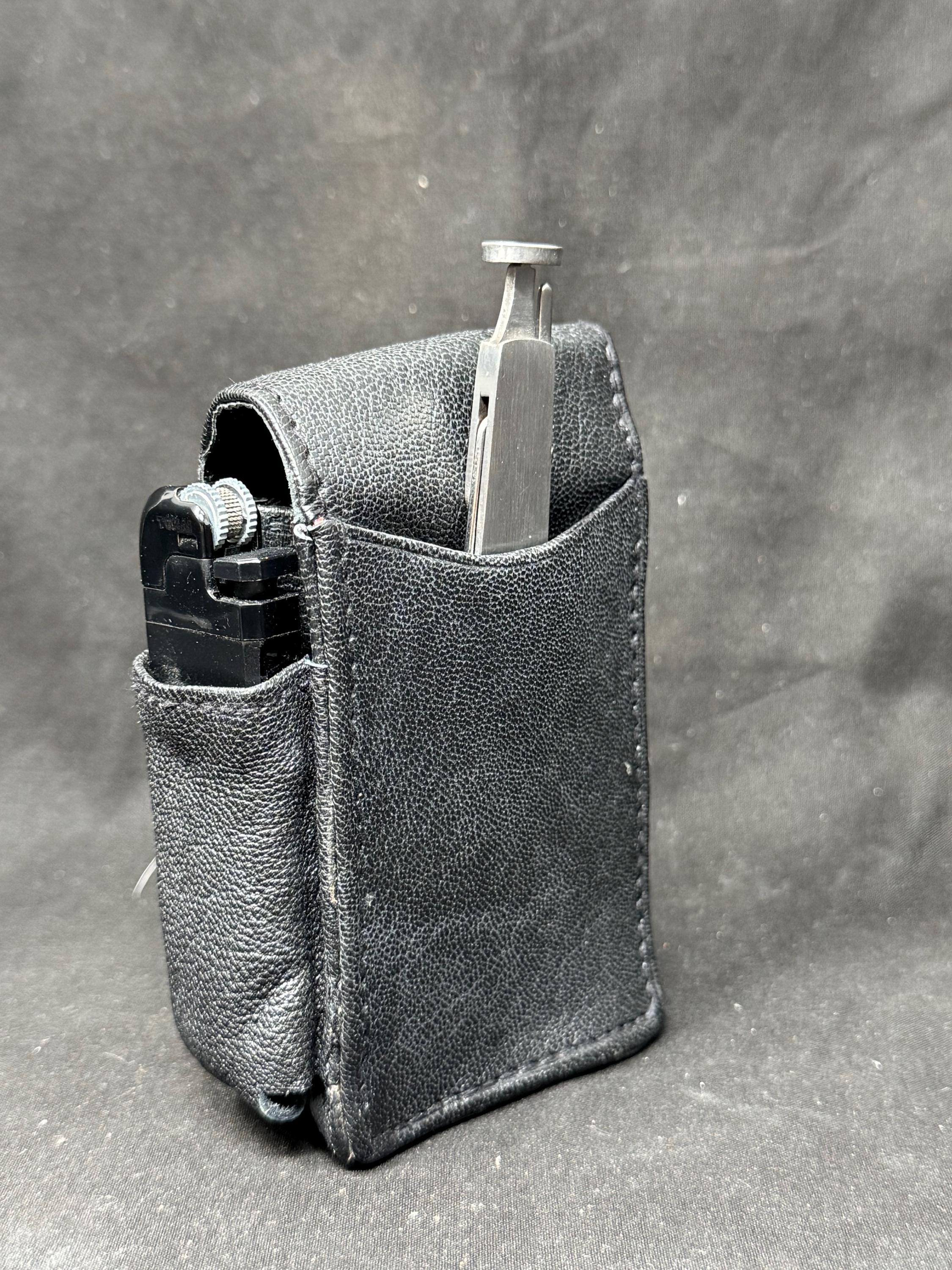 German Leather Cigarette & Lighter Set, Brass Star Logo, 4in Case, NOS 9