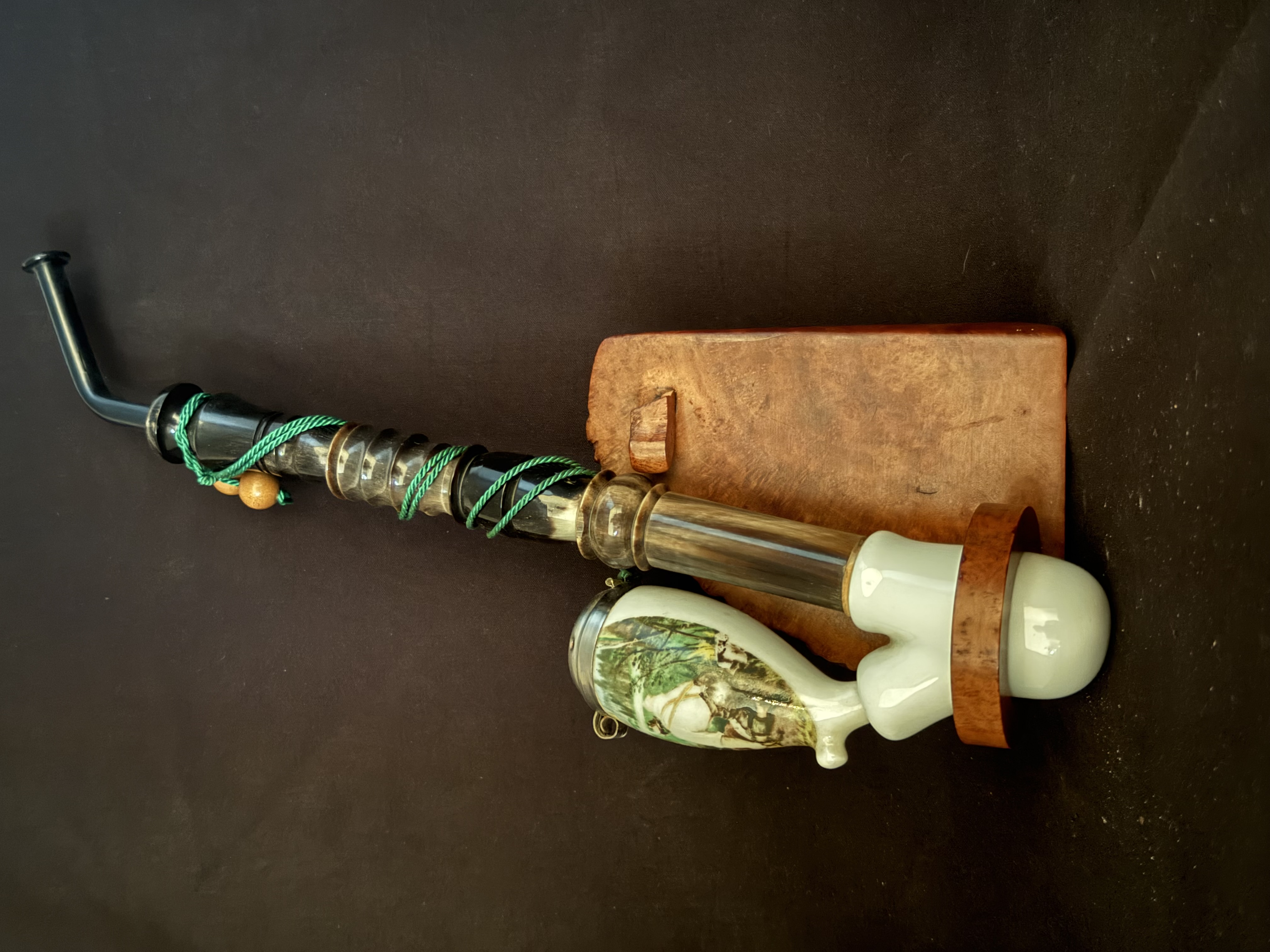 German Porcelain Hunter Pipe Gesteckpfeife, Painted Forest Scene, Lidded Bowl, Segmented Stem