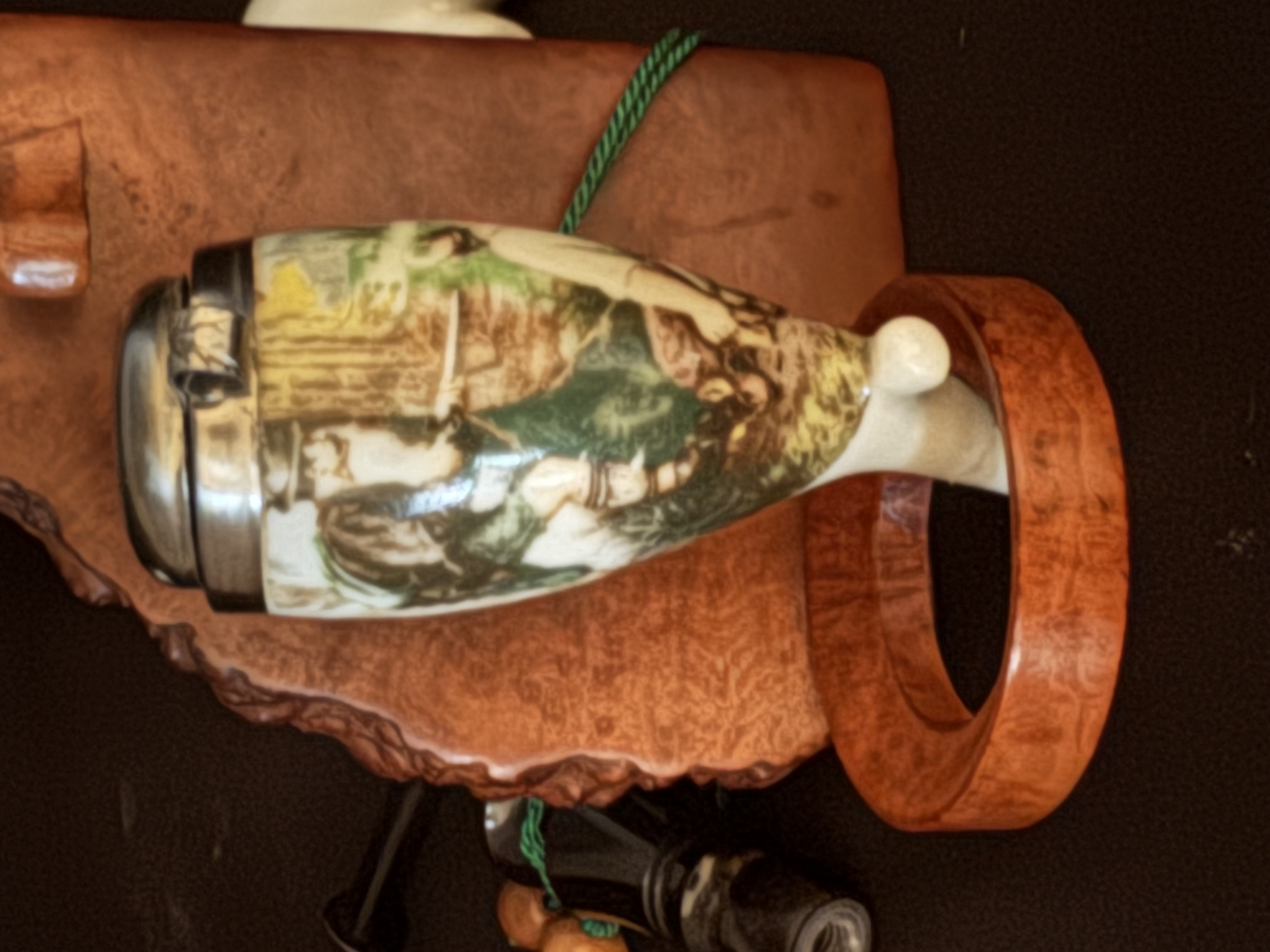German Porcelain Hunter Pipe Gesteckpfeife, Painted Forest Scene, Lidded Bowl, Segmented Stem 11