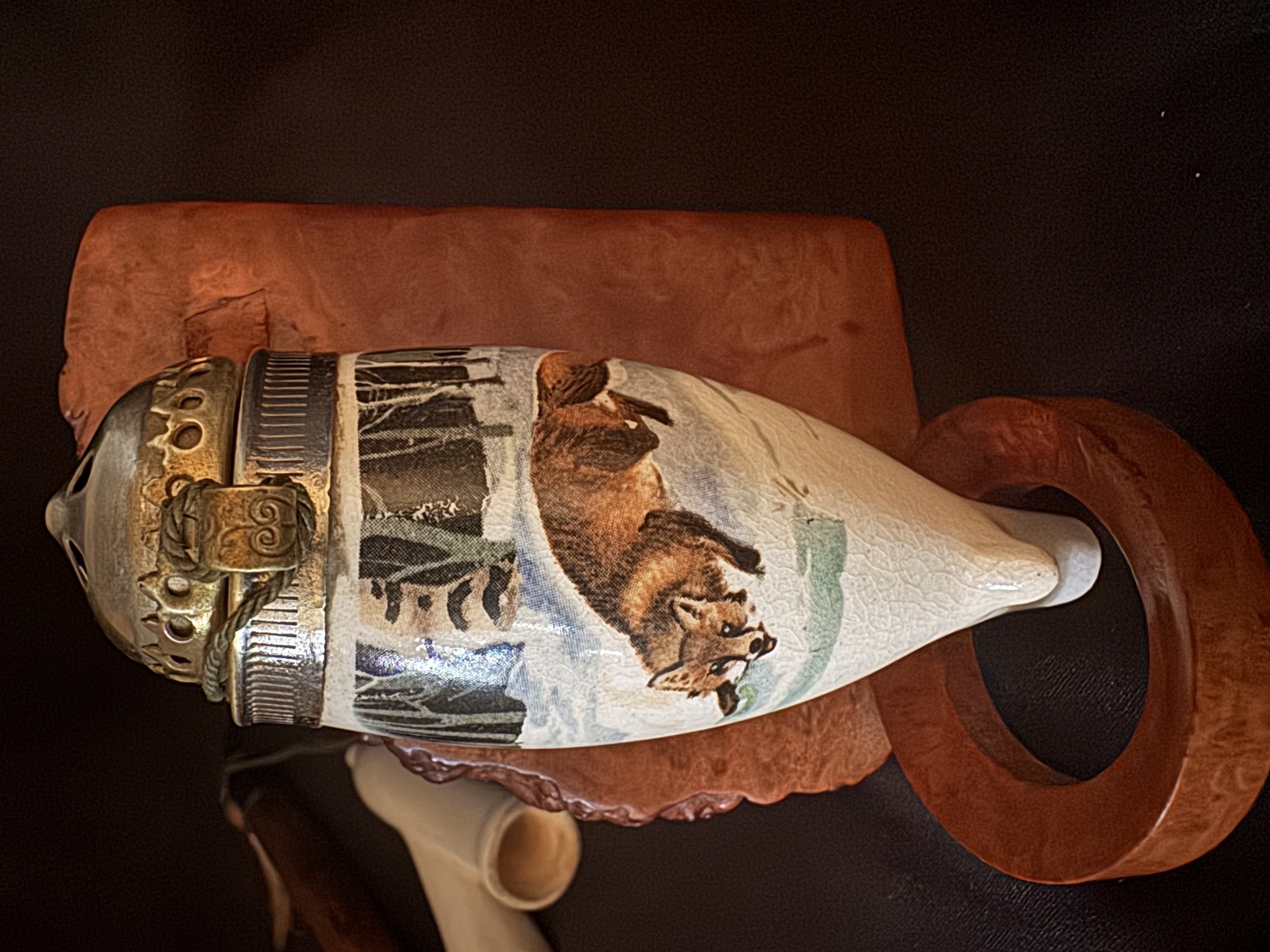 German Porcelain Hunter Pipe Gesteckpfeife, Painted Fox Winter Scene, Lidded Bowl, Wood Stem 6