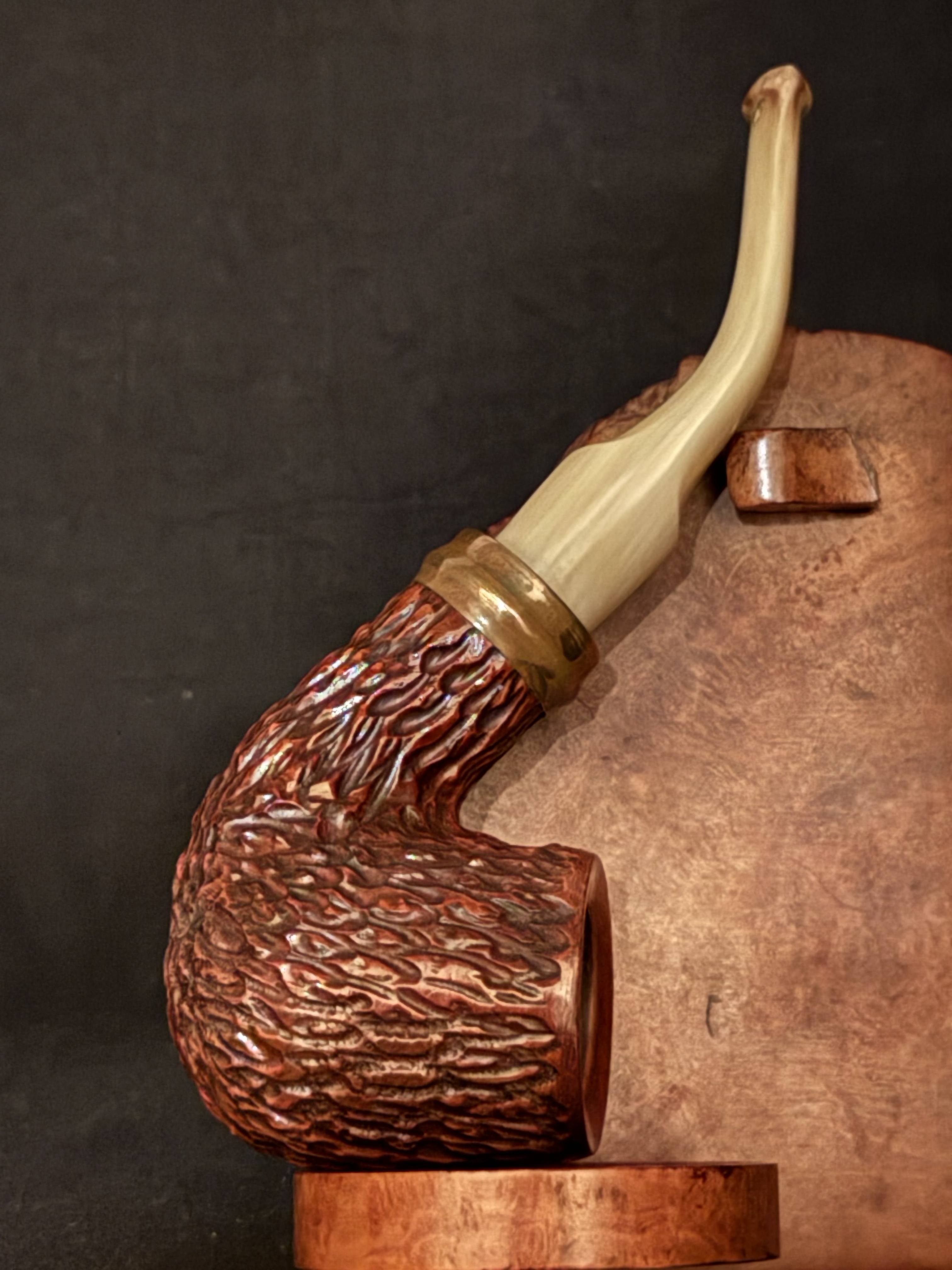 Gloria Old Briar Rusticated Bent Billiard Vest Pocket Pipe, Cream Acrylic Saddle Stem, 6mm Filter 2