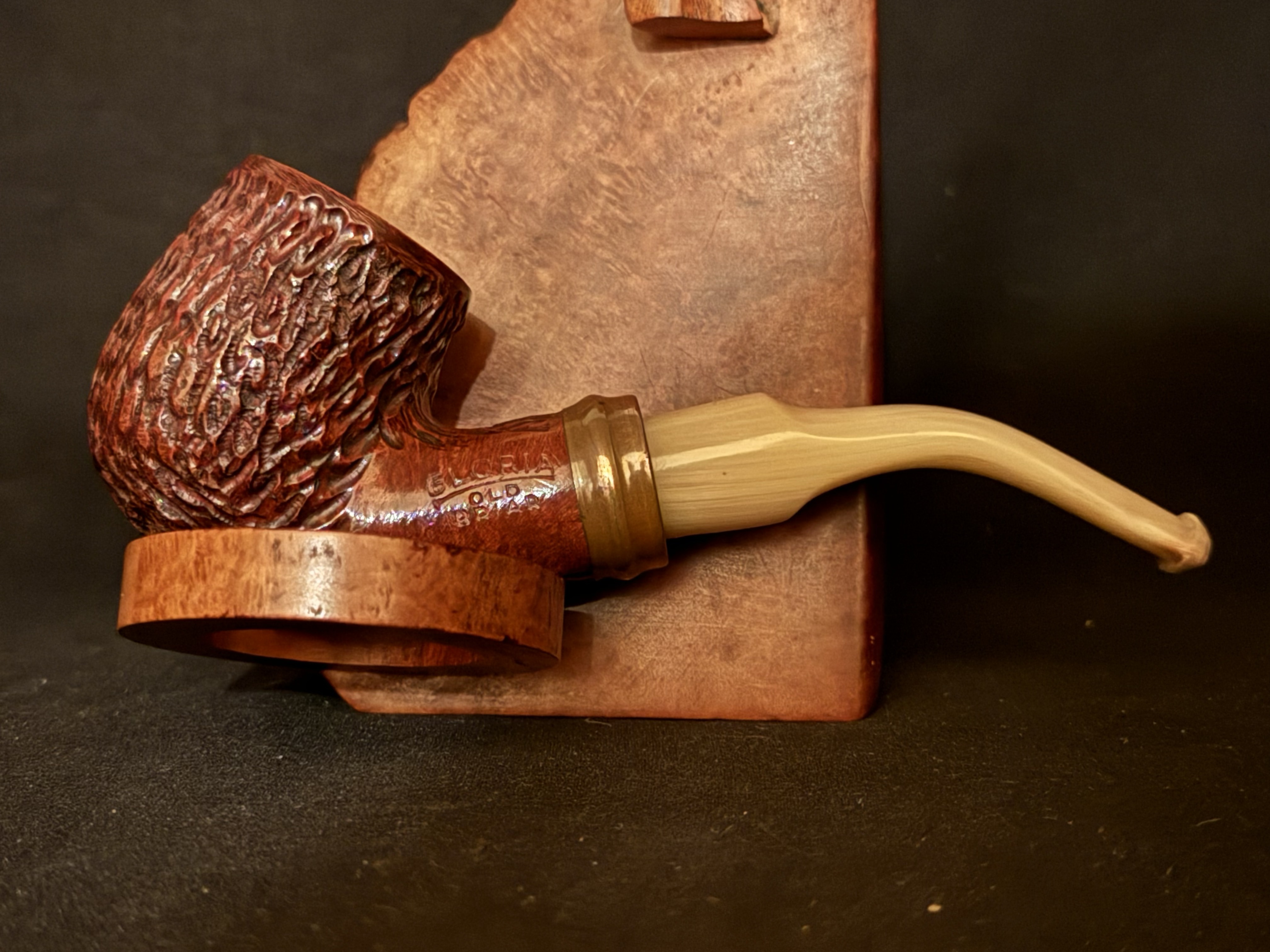 Gloria Old Briar Rusticated Bent Billiard Vest Pocket Pipe, Cream Acrylic Saddle Stem, 6mm Filter 3