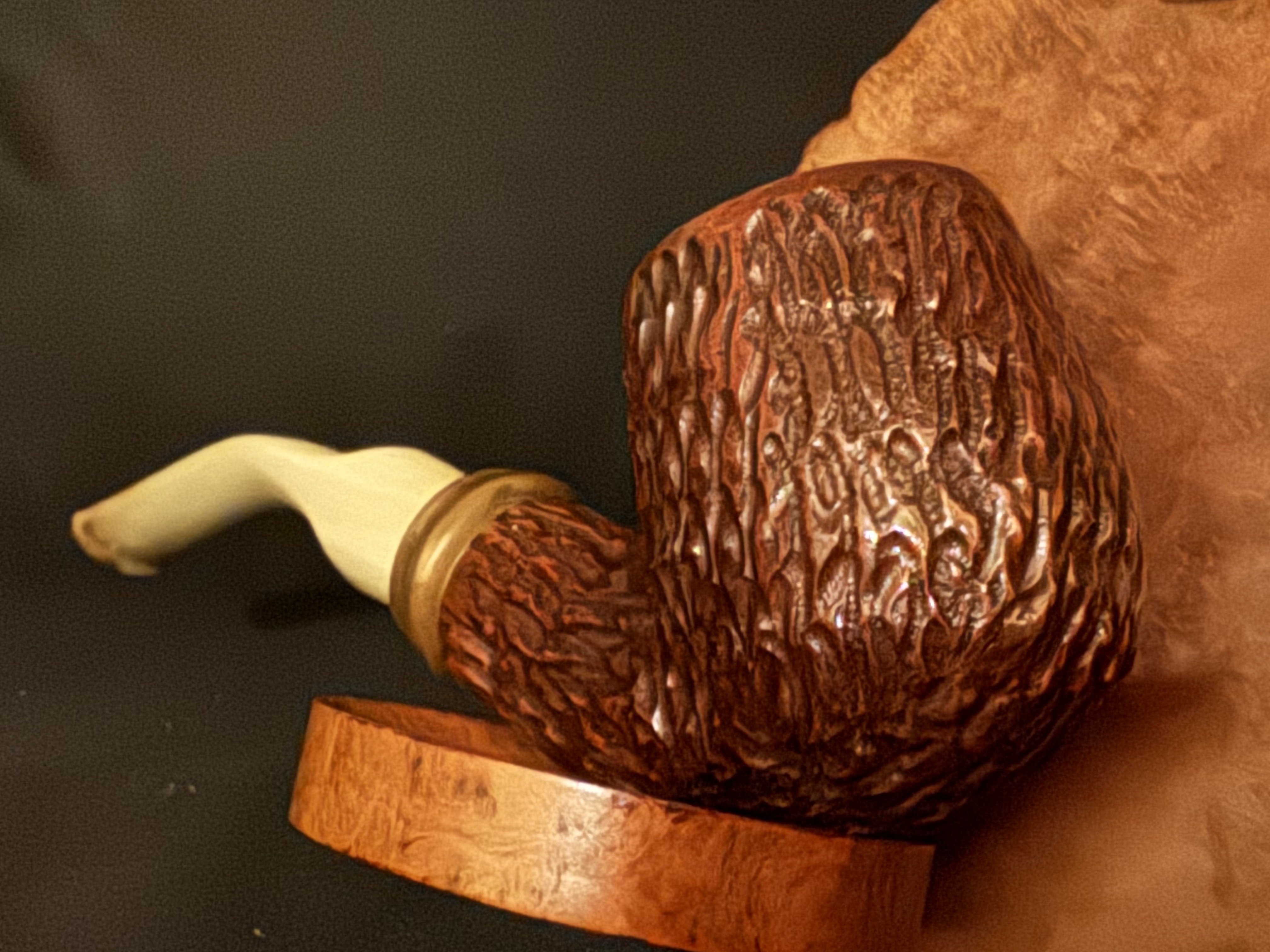 Gloria Old Briar Rusticated Bent Billiard Vest Pocket Pipe, Cream Acrylic Saddle Stem, 6mm Filter 7