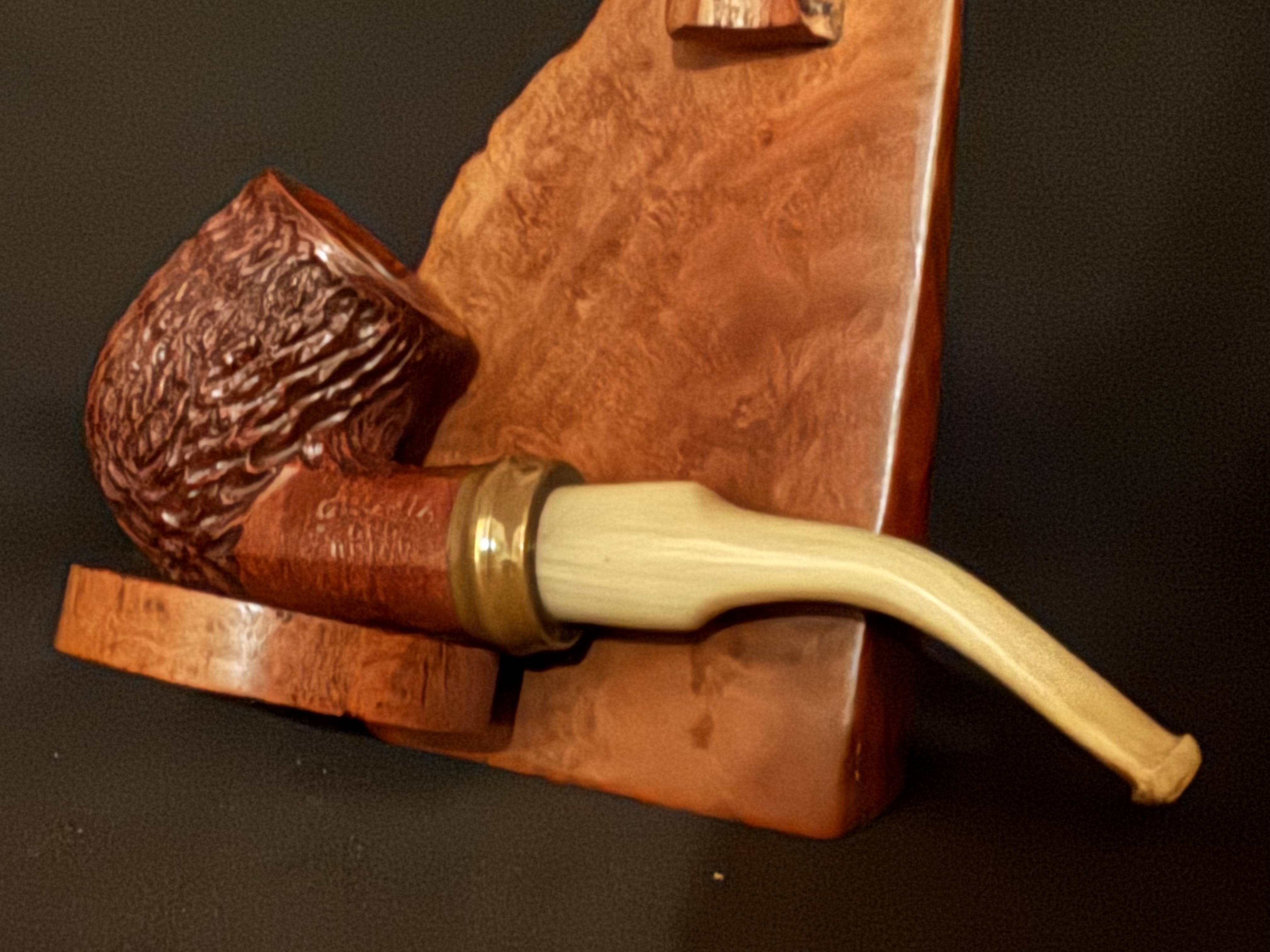 Gloria Old Briar Rusticated Bent Billiard Vest Pocket Pipe, Cream Acrylic Saddle Stem, 6mm Filter 8