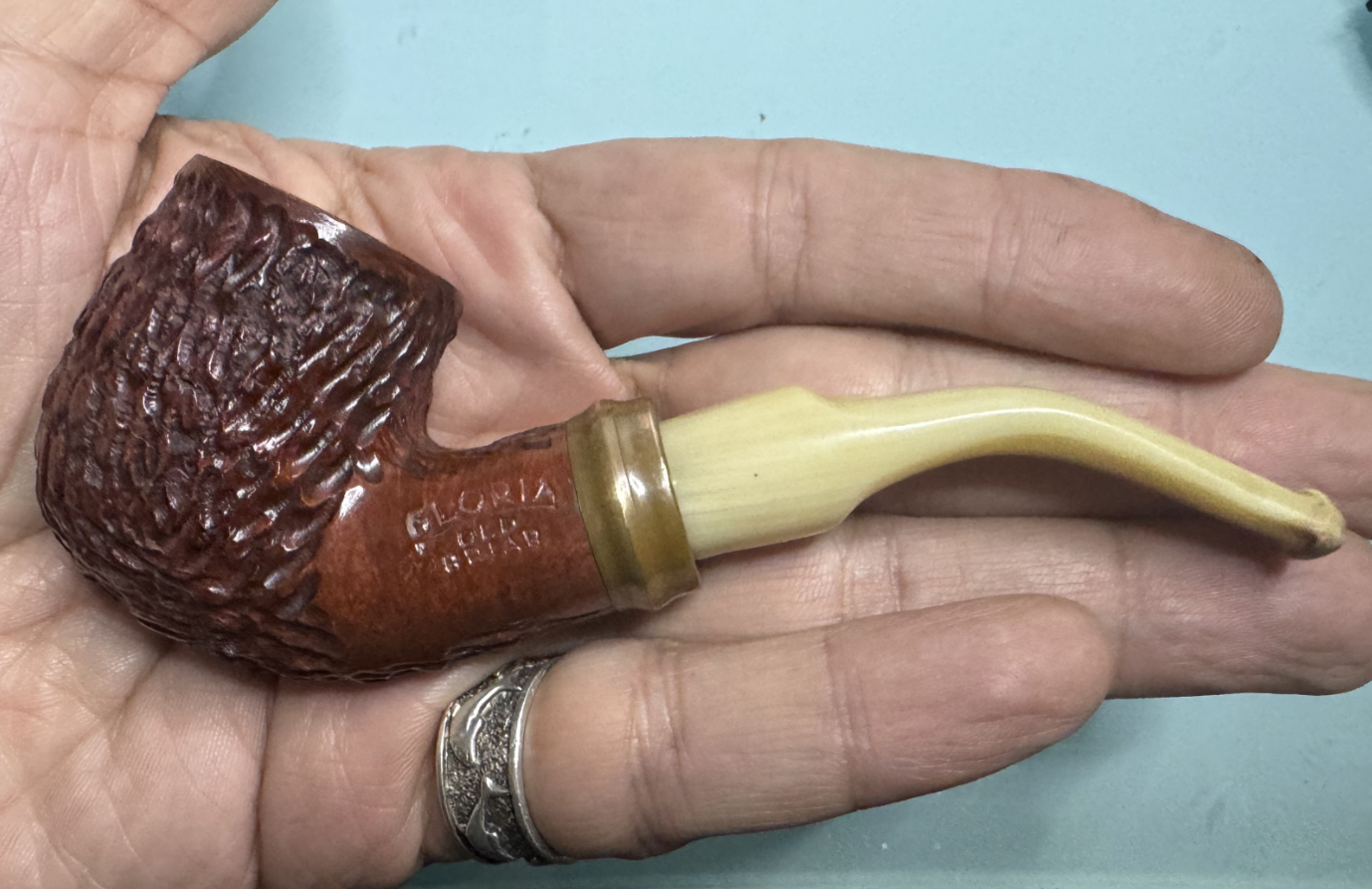 Gloria Old Briar Rusticated Bent Billiard Vest Pocket Pipe, Cream Acrylic Saddle Stem, 6mm Filter 12