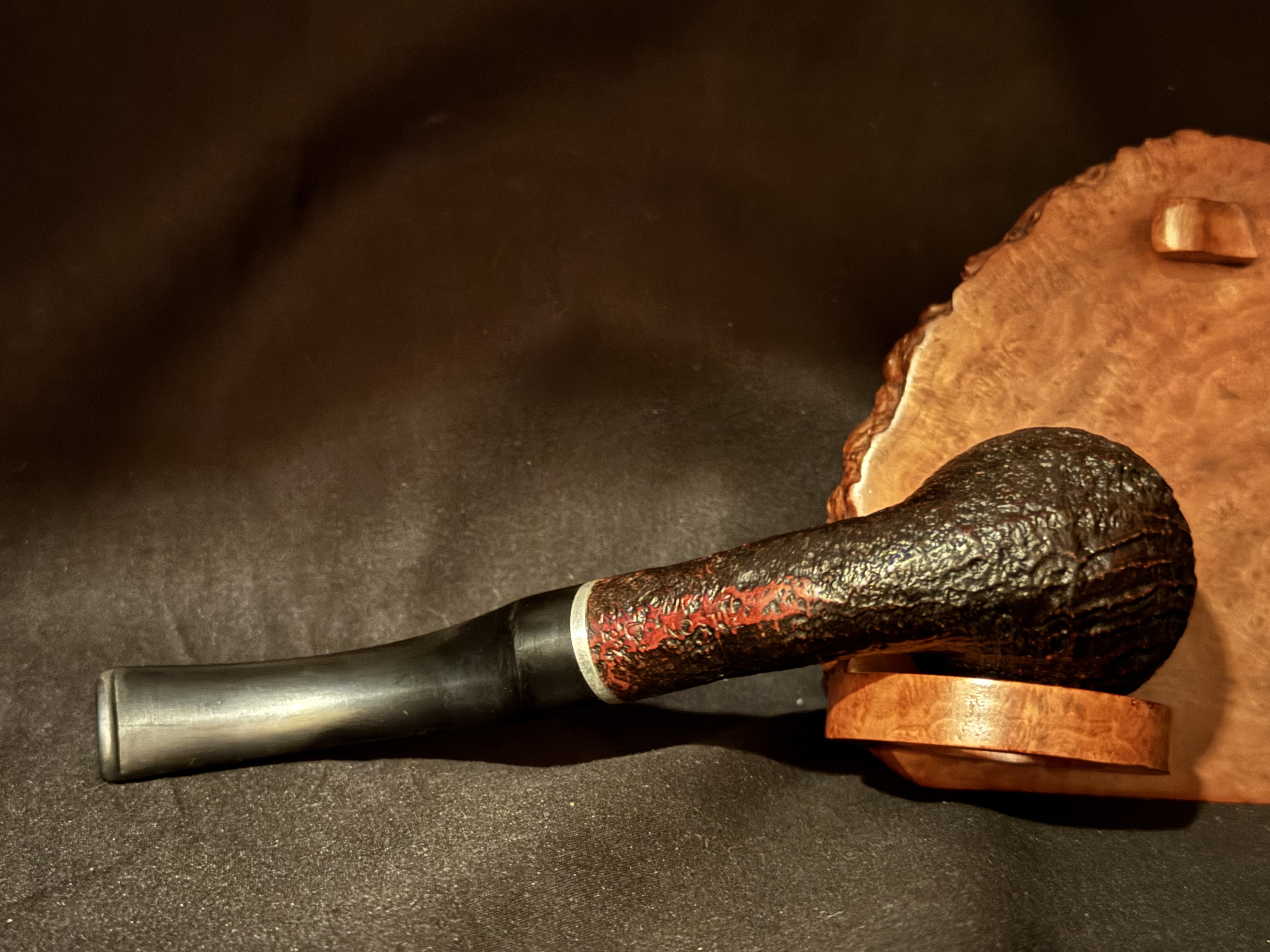 HILSON Sandblast Bent Billiard Estate Pipe - Aluminum Band, Vulcanite Saddle Stem, Fishtail Bit, 9mm Filter, Unsmoked 6