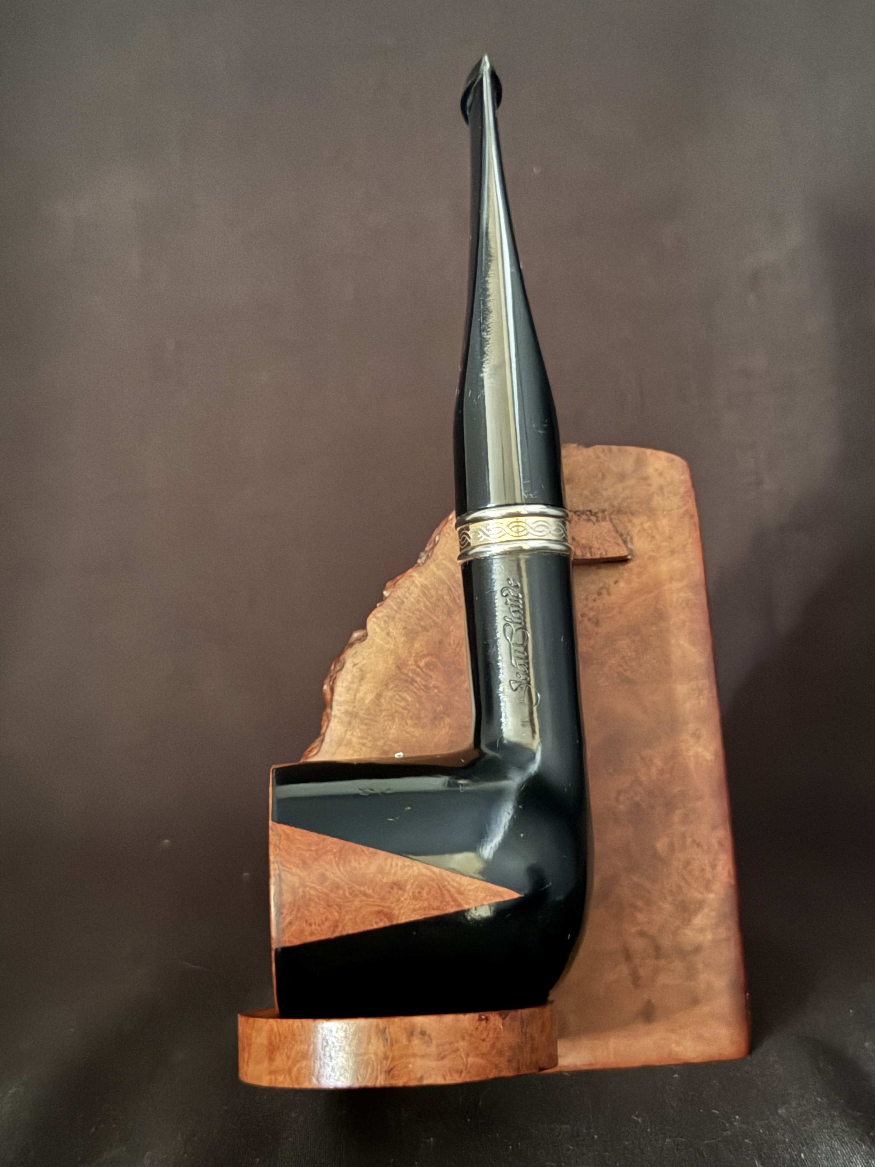 Jean Claude Large Straight Pot Pipe, Glossy Black and Amber Smooth Finish, Metal Band, Acrylic Tapered Fishtail Stem, 9mm Filter
