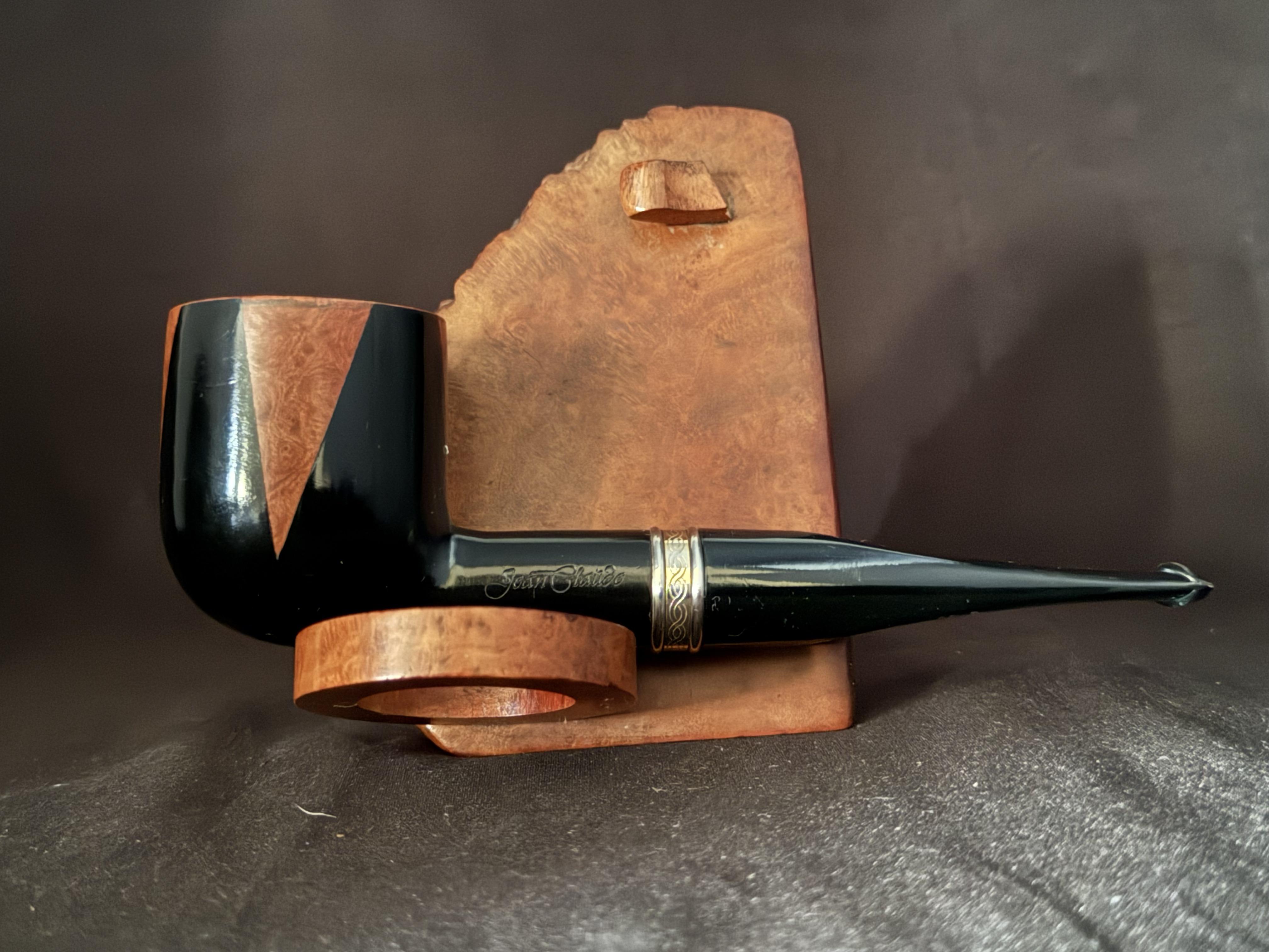 Jean Claude Large Straight Pot Pipe, Glossy Black and Amber Smooth Finish, Metal Band, Acrylic Tapered Fishtail Stem, 9mm Filter 3
