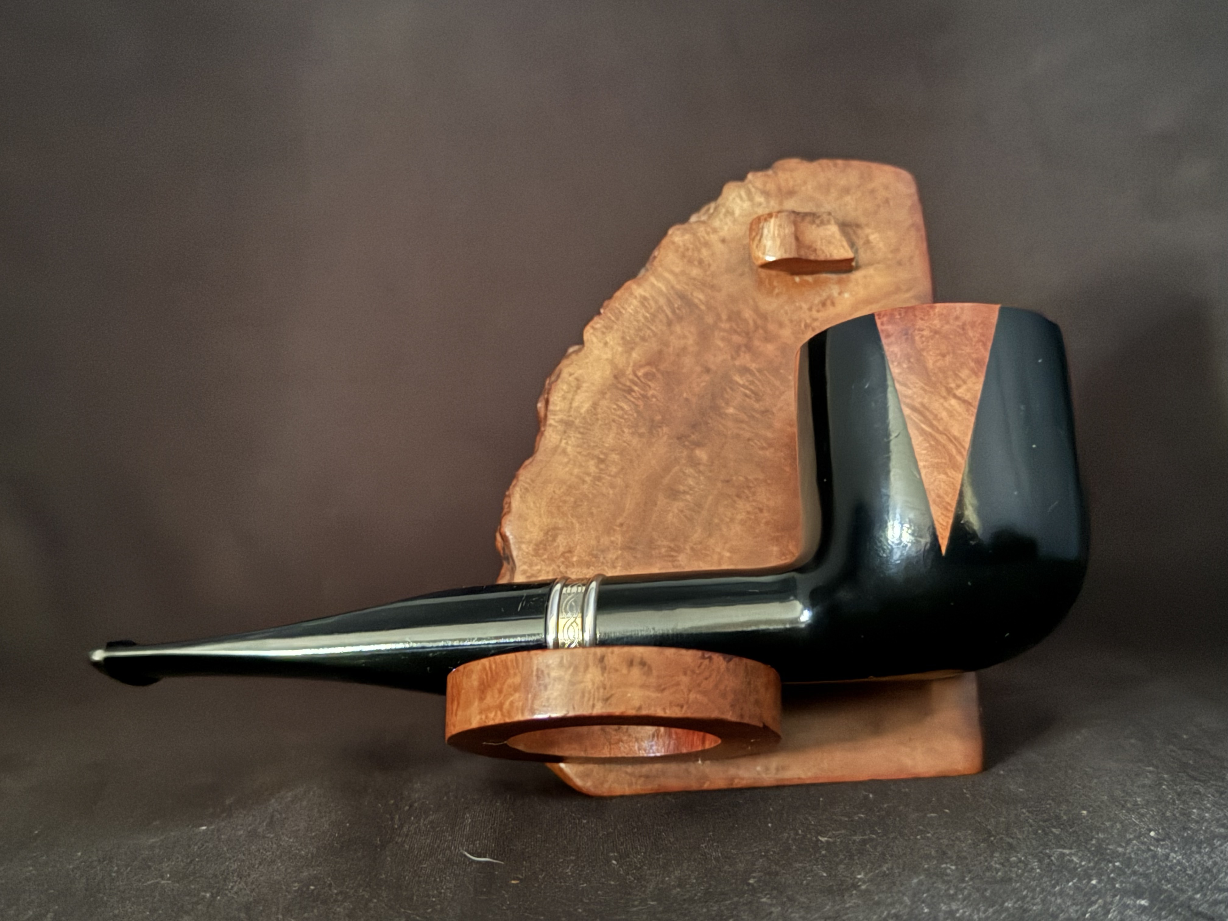 Jean Claude Large Straight Pot Pipe, Glossy Black and Amber Smooth Finish, Metal Band, Acrylic Tapered Fishtail Stem, 9mm Filter 4
