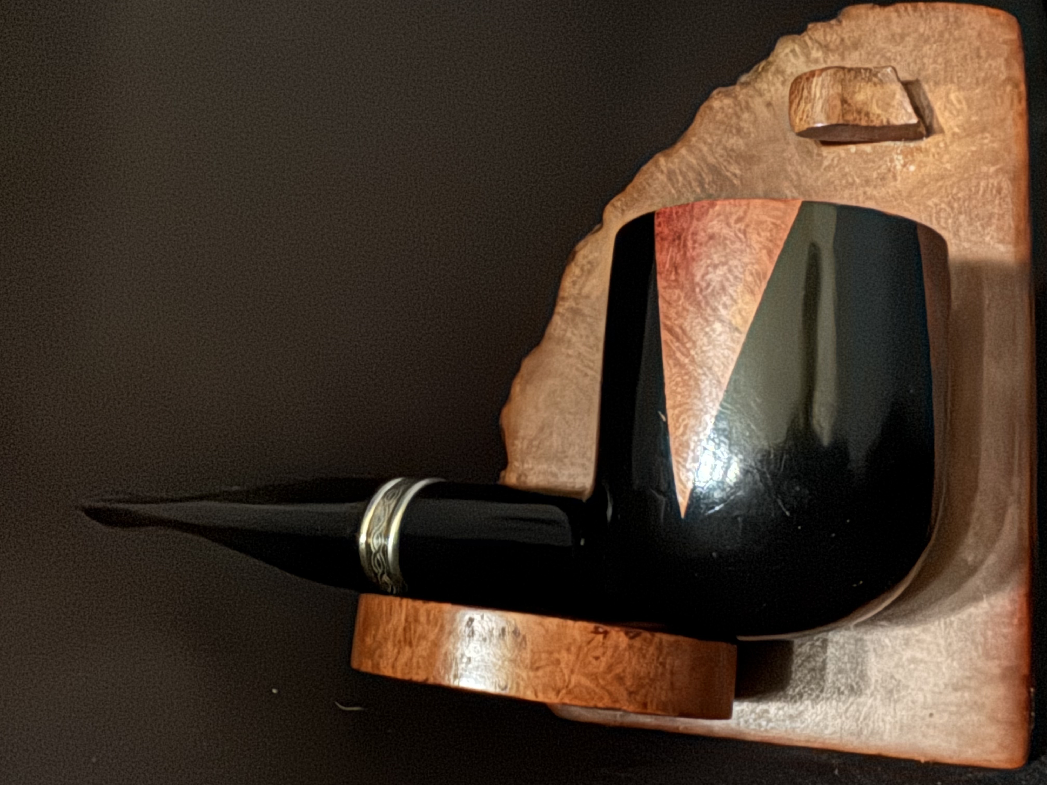 Jean Claude Large Straight Pot Pipe, Glossy Black and Amber Smooth Finish, Metal Band, Acrylic Tapered Fishtail Stem, 9mm Filter 7