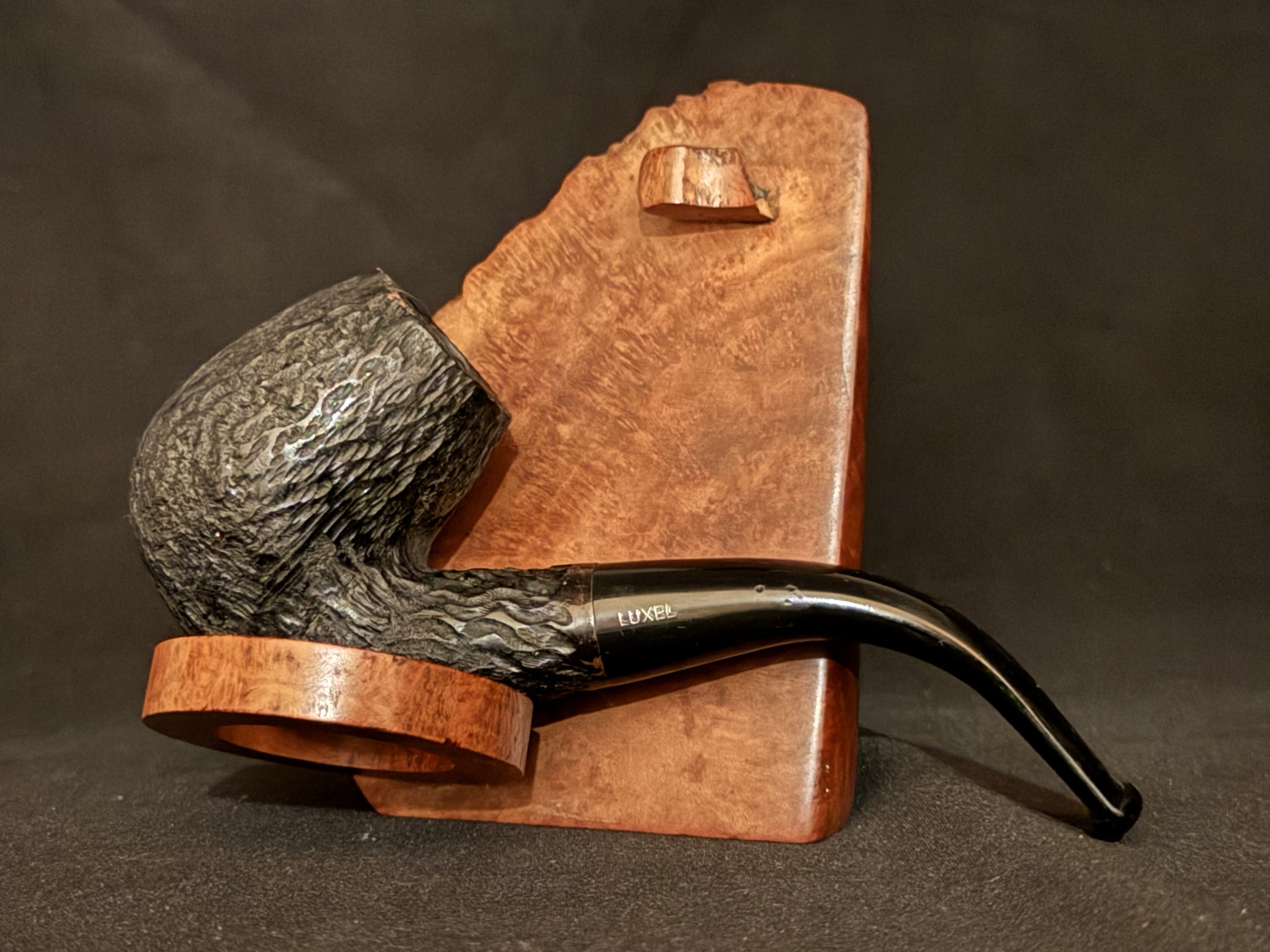 Luxel Black Textured Bent Billiard Estate Pipe, Vulcanite Fishtail Stem 3