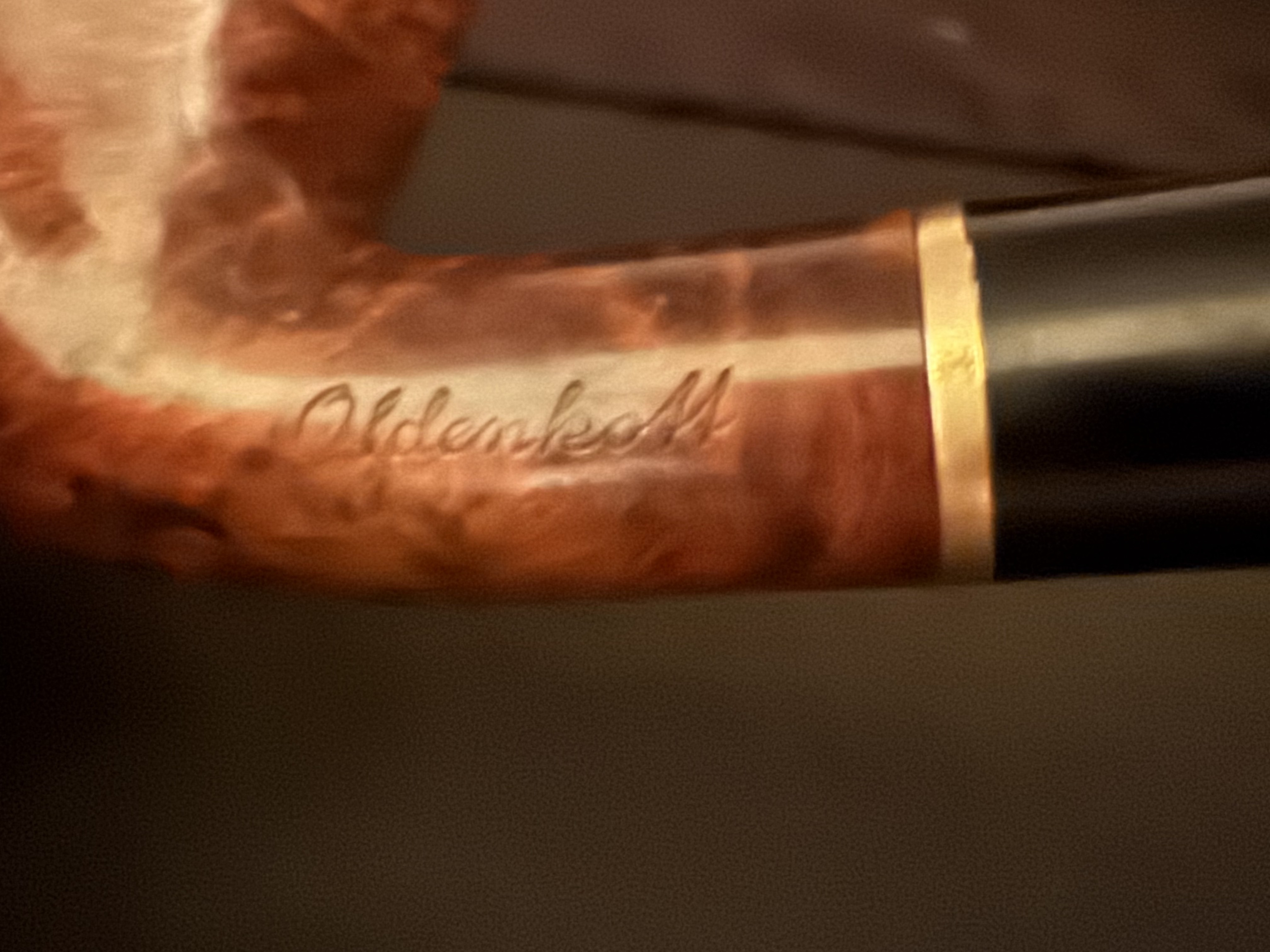 Oldenkott Smooth Bent Brandy Pipe - Vulcanite Saddle Stem, Brass Band, 9mm Filter - Estate 10
