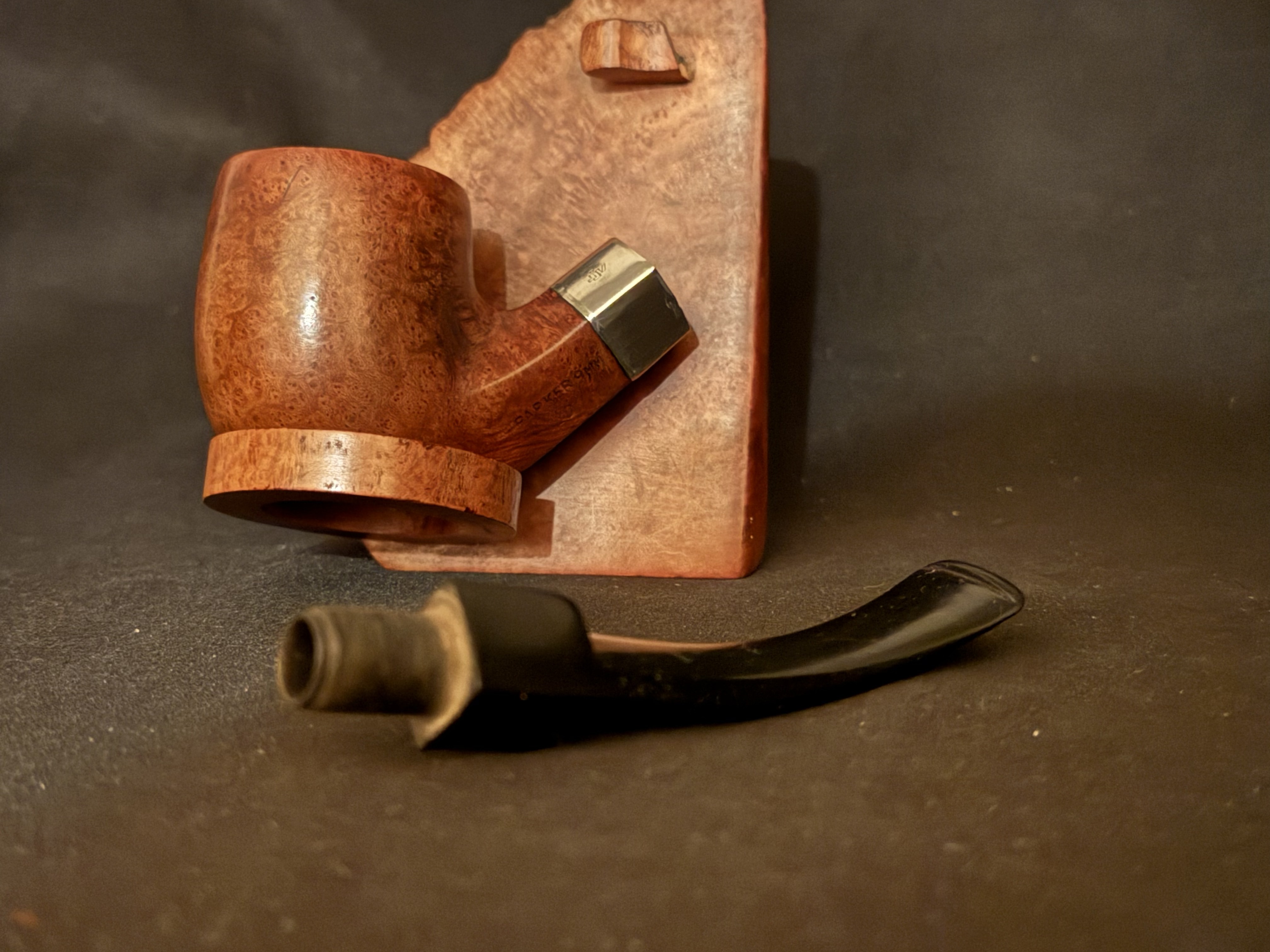 Parker 9mm 810 Smooth Bent Pot Estate Pipe, Diamond Shank, Metal Band, Vulcanite Saddle Stem, Fishtail Bit 9