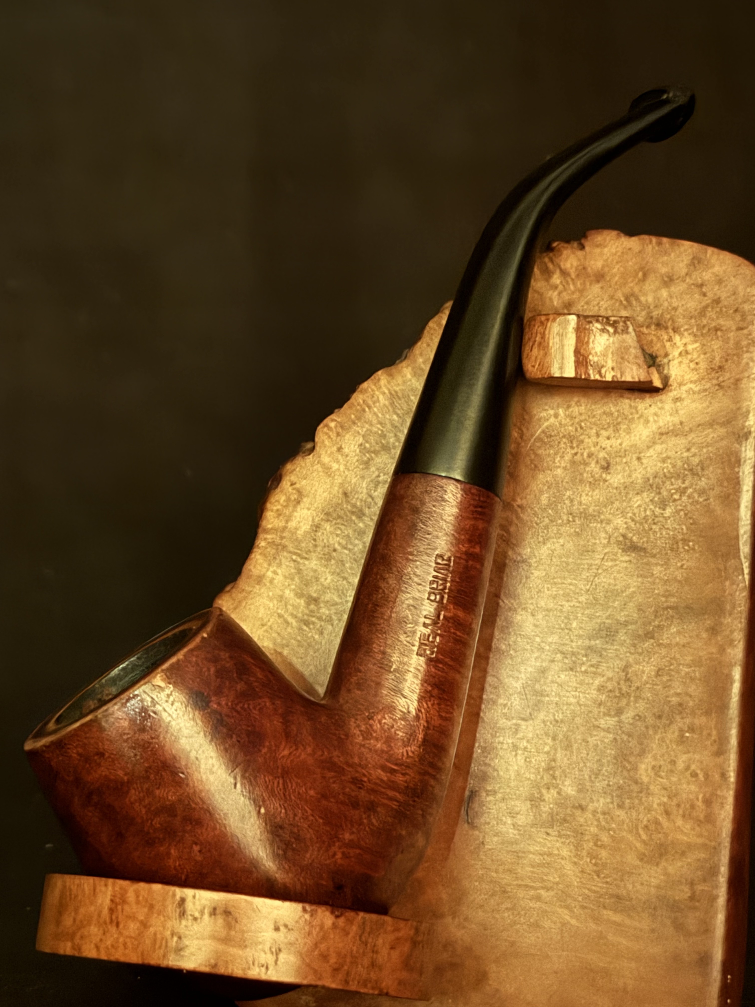 "Real Briar" Stamped Smooth Bent Billiard Estate Pipe, Vulcanite Tapered Stem, Fishtail Bit, No Filter