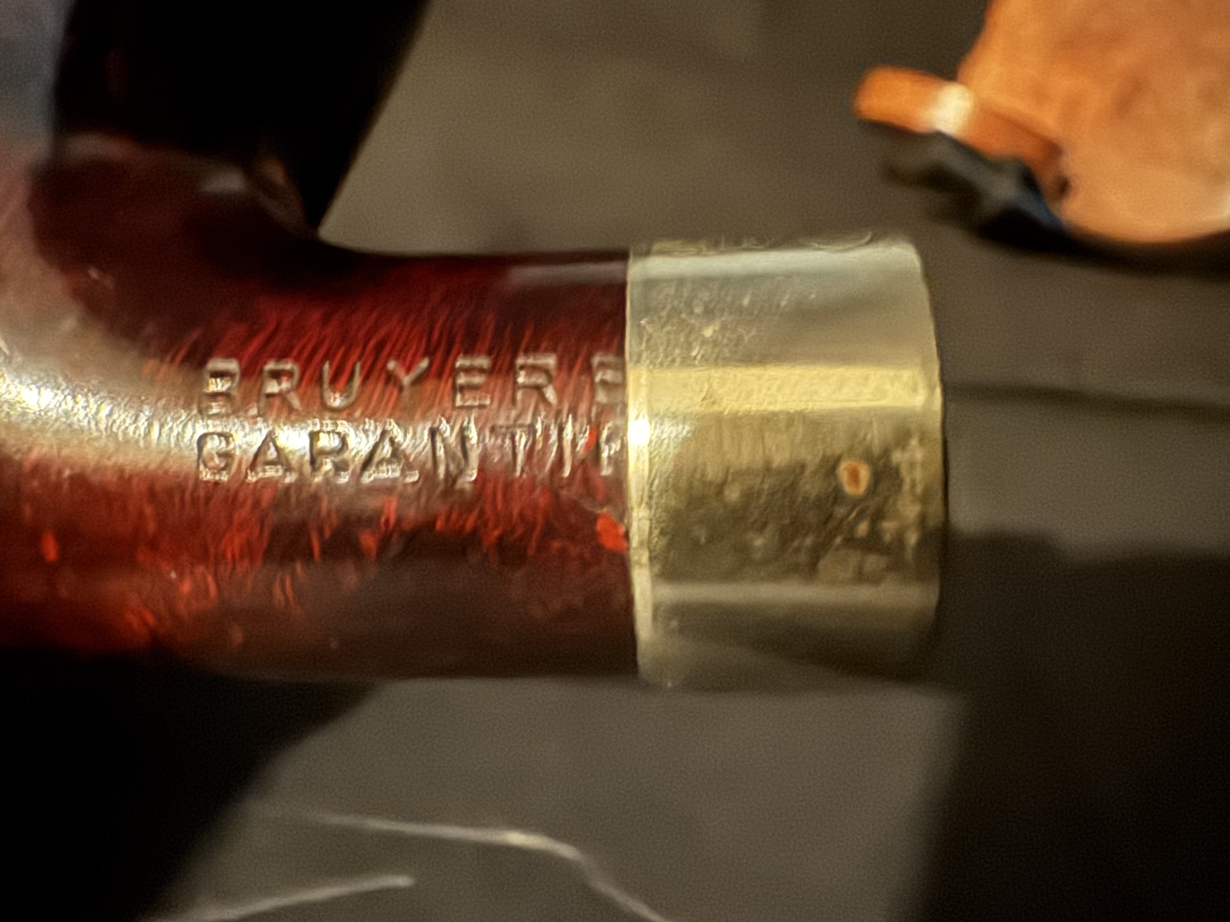 Bruyere Garantie Bent Billiard Estate Pipe - Reddish Smooth Briar, Hallmarked Metal Band, 9mm Filter 11
