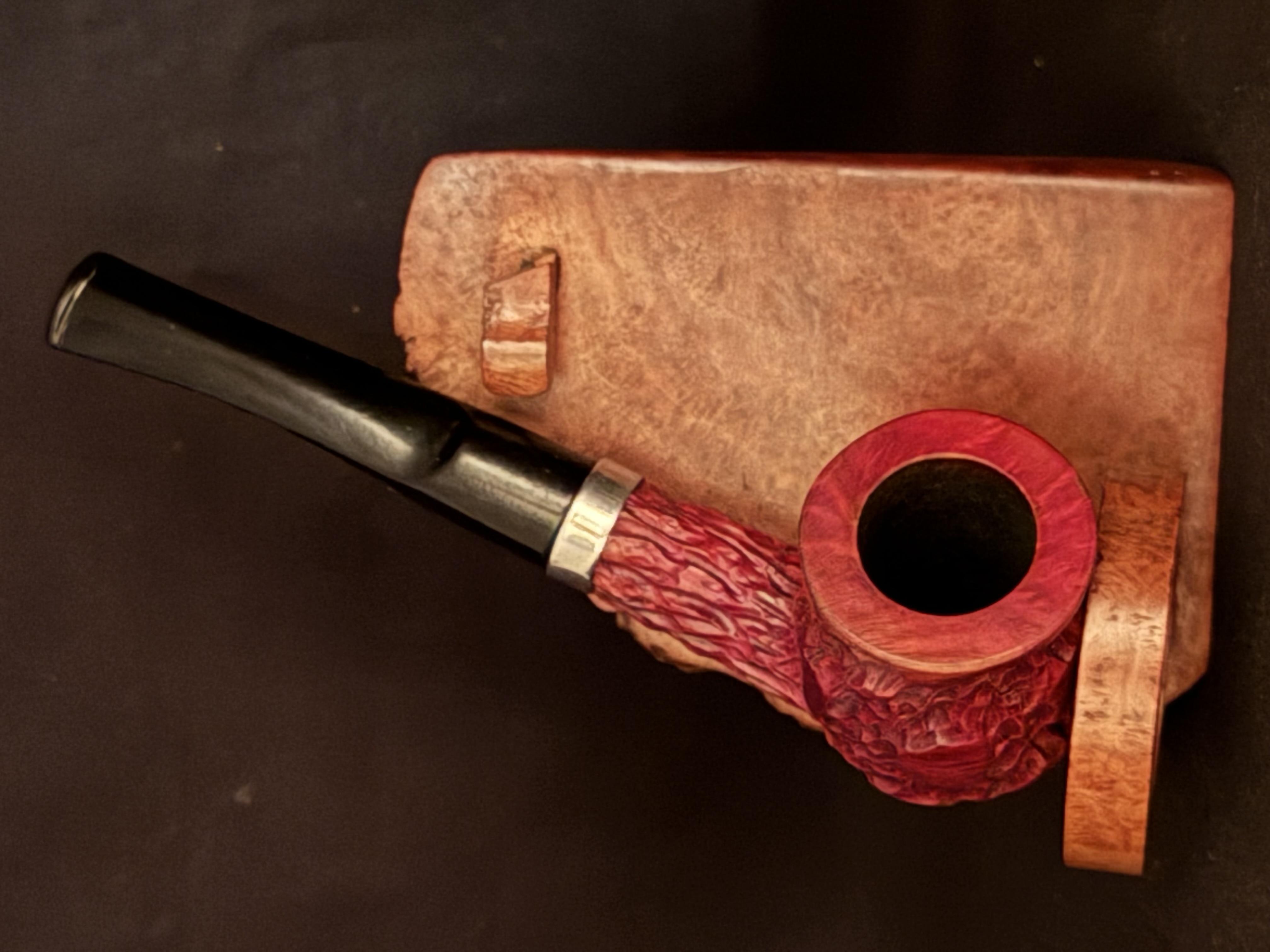 Morris Real Briar Straight Billiard Red Rustic Estate Pipe - Unsmoked, Metal Band, Vulcanite Fishtail Stem 2