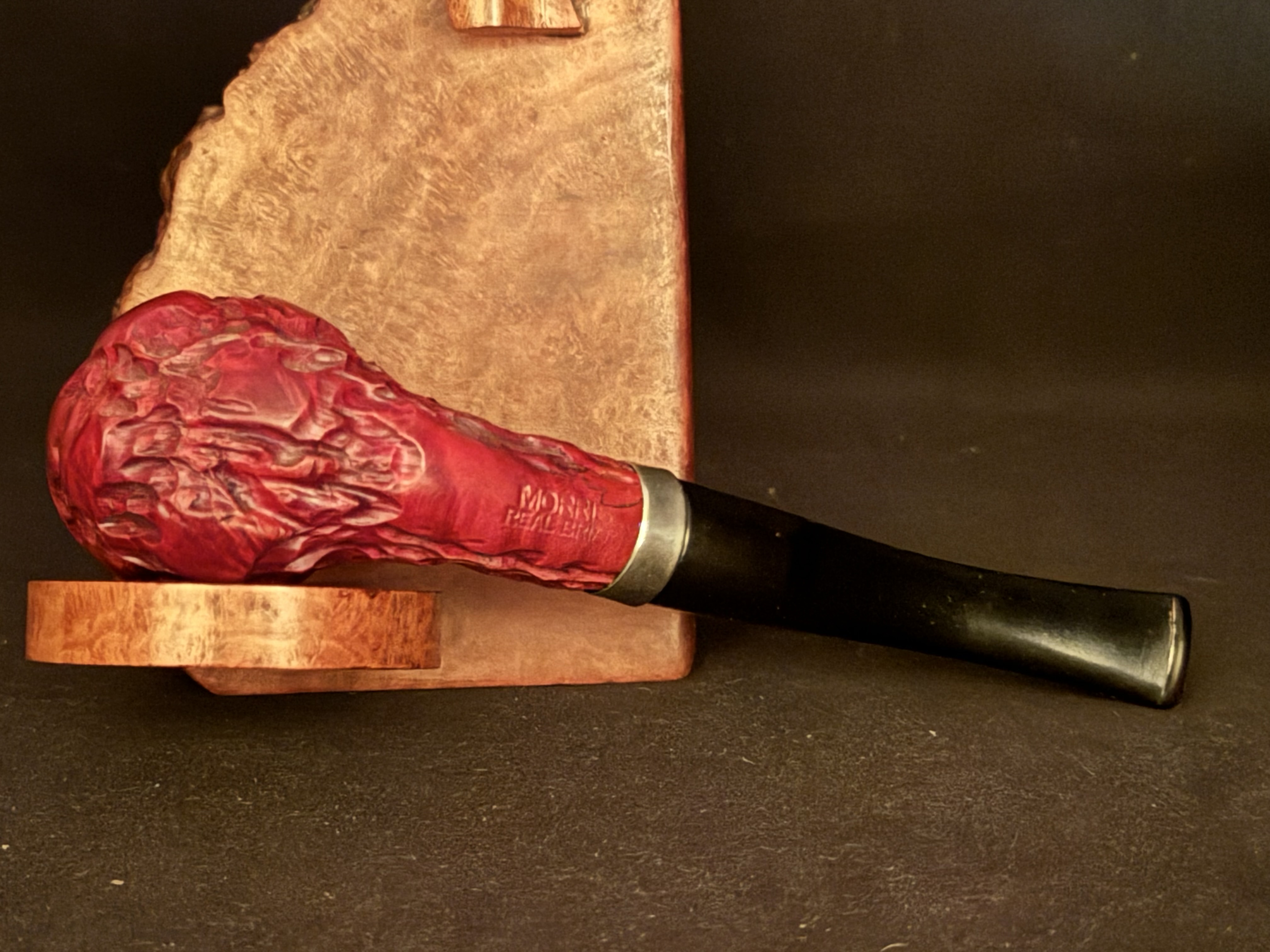 Morris Real Briar Straight Billiard Red Rustic Estate Pipe - Unsmoked, Metal Band, Vulcanite Fishtail Stem 4
