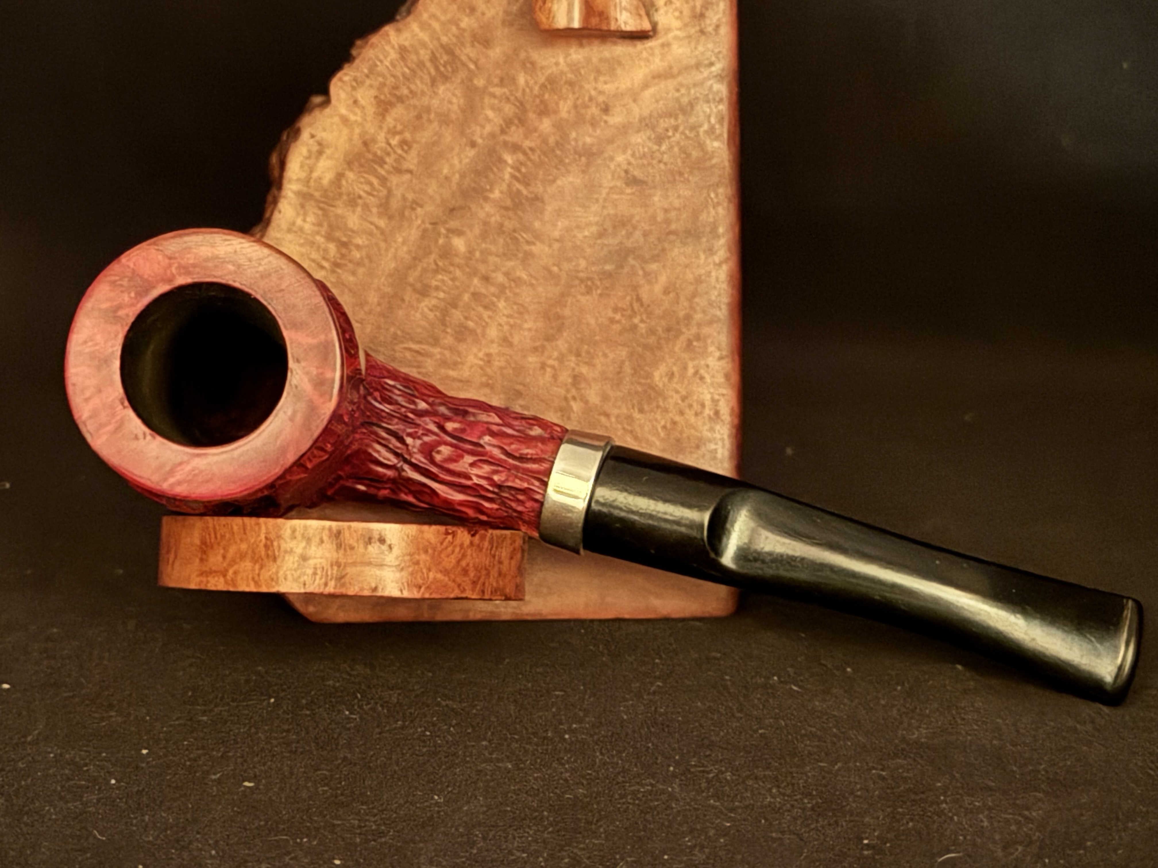 Morris Real Briar Straight Billiard Red Rustic Estate Pipe - Unsmoked, Metal Band, Vulcanite Fishtail Stem 5