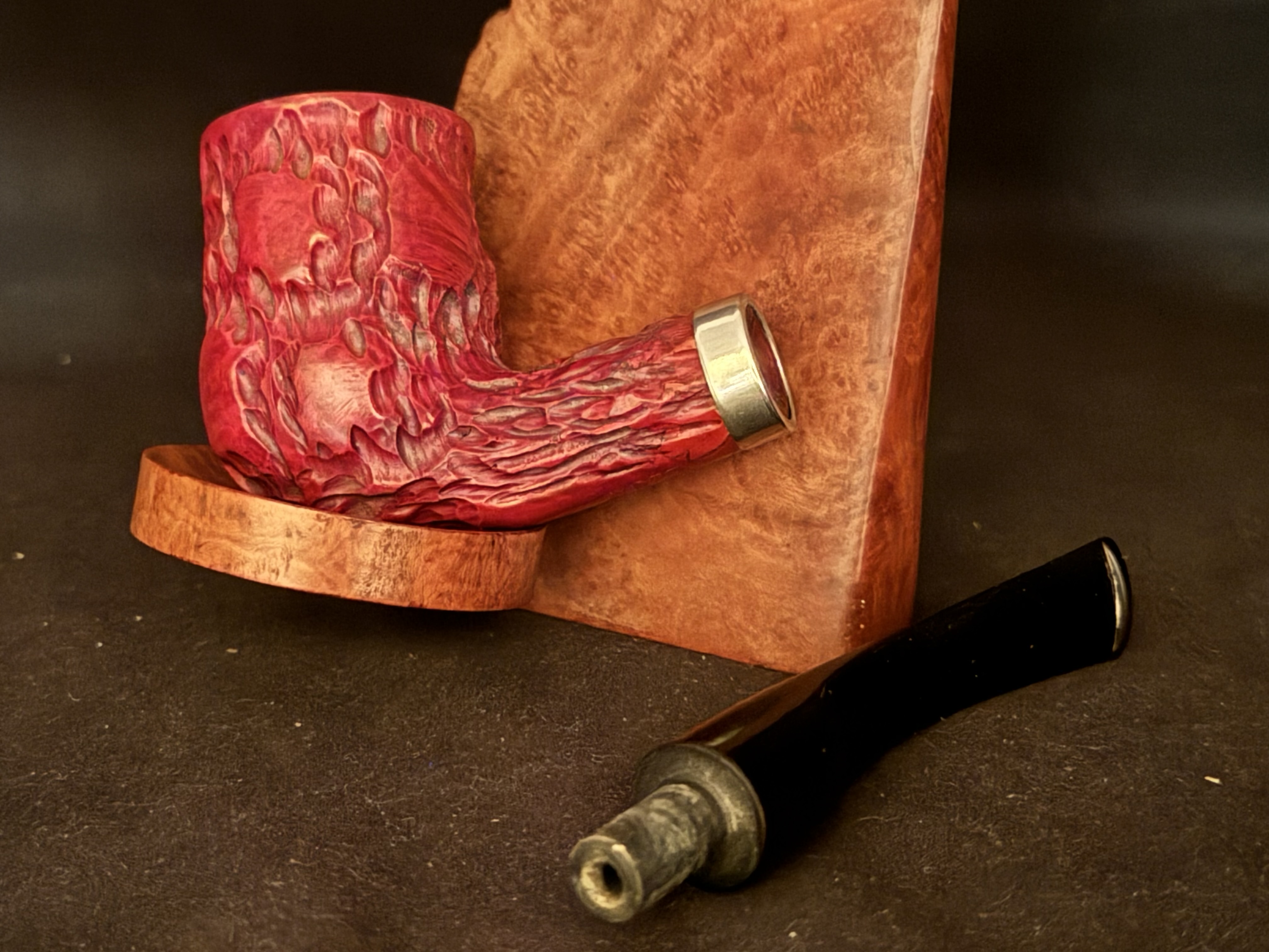 Morris Real Briar Straight Billiard Red Rustic Estate Pipe - Unsmoked, Metal Band, Vulcanite Fishtail Stem 10