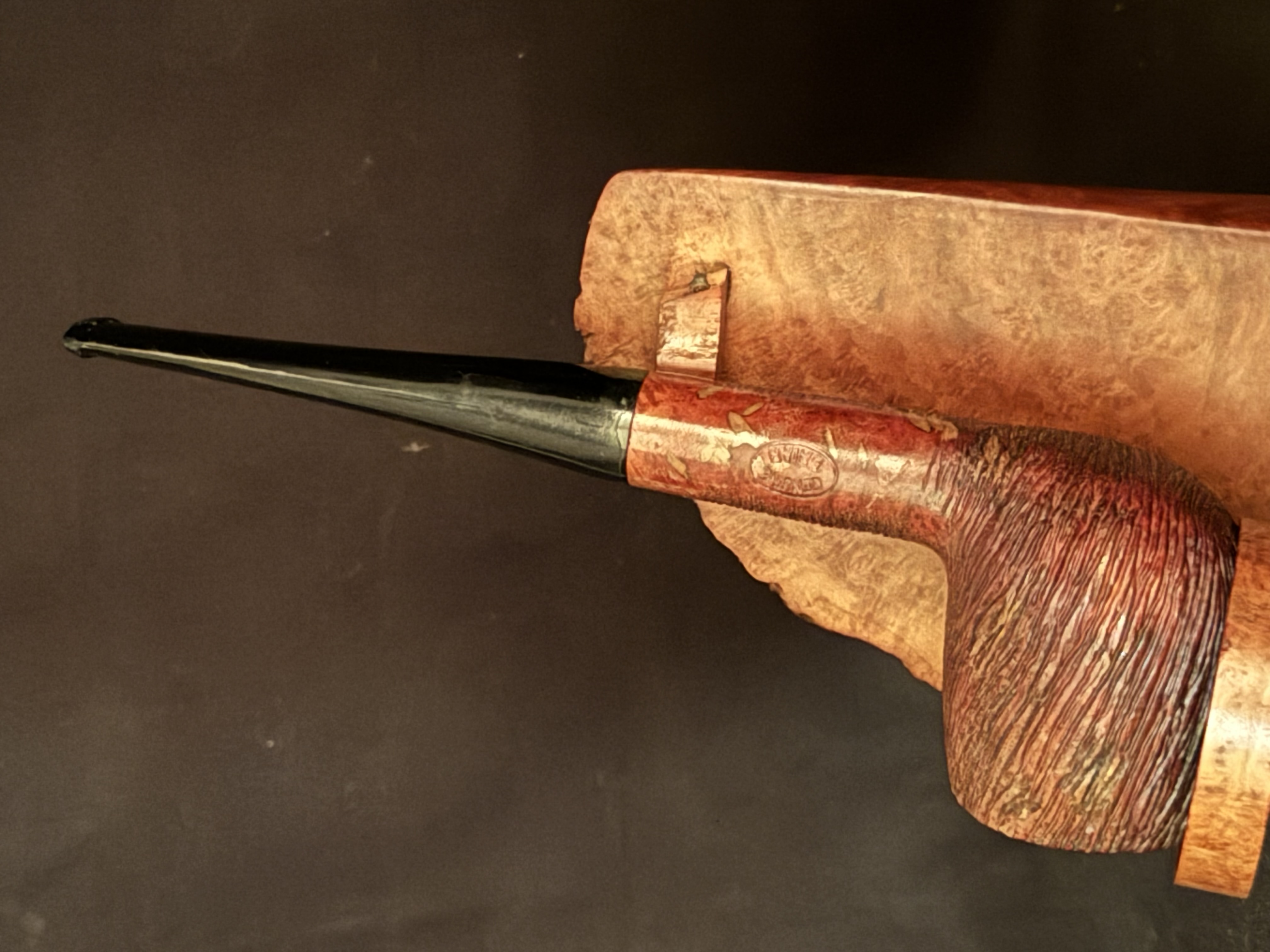 Genuine Briar Stamped Straight Billiard - Rustic Silk Brush Finish - Acrylic Fishtail Stem - Estate Pipe