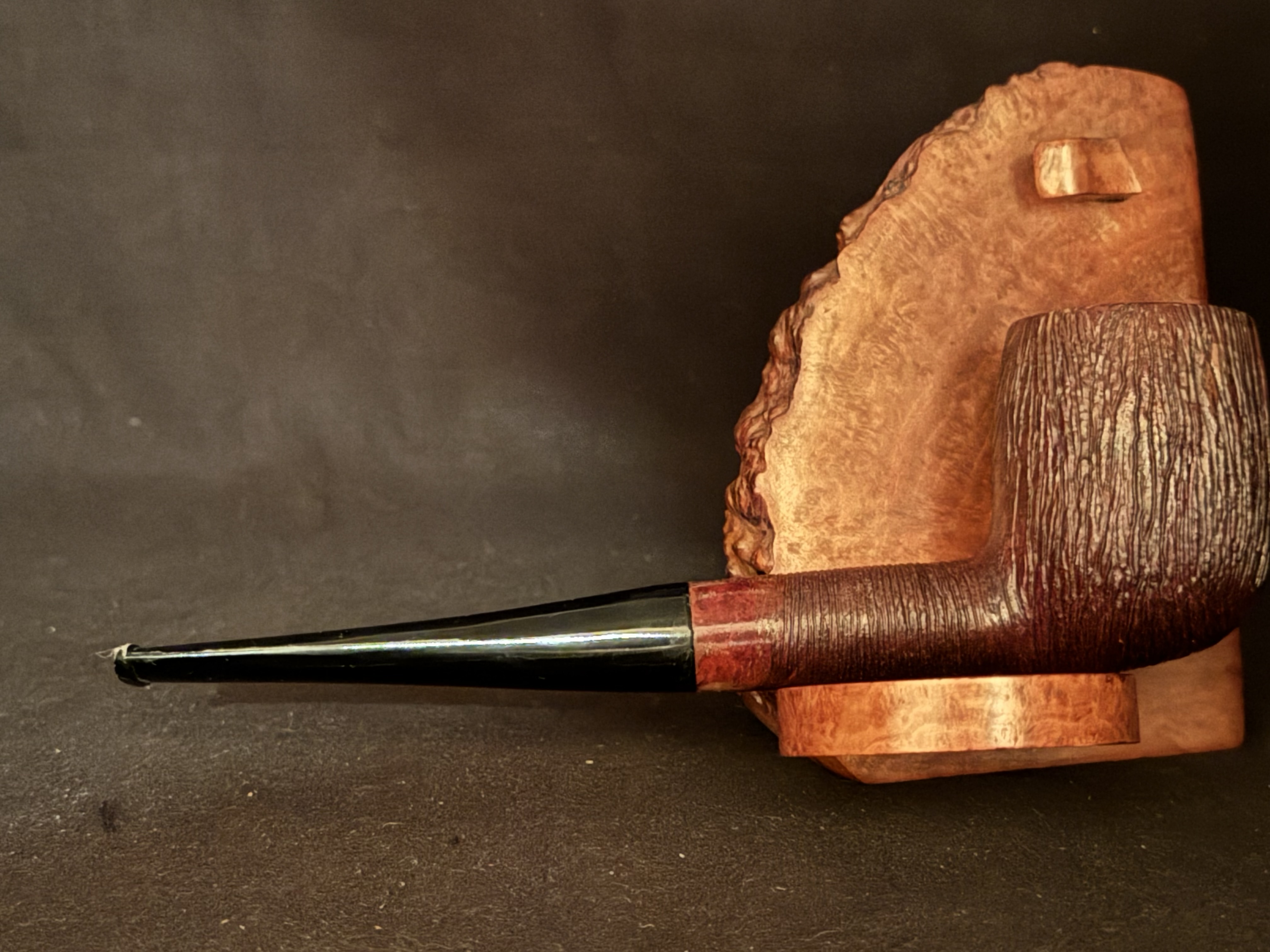 Genuine Briar Stamped Straight Billiard - Rustic Silk Brush Finish - Acrylic Fishtail Stem - Estate Pipe 4